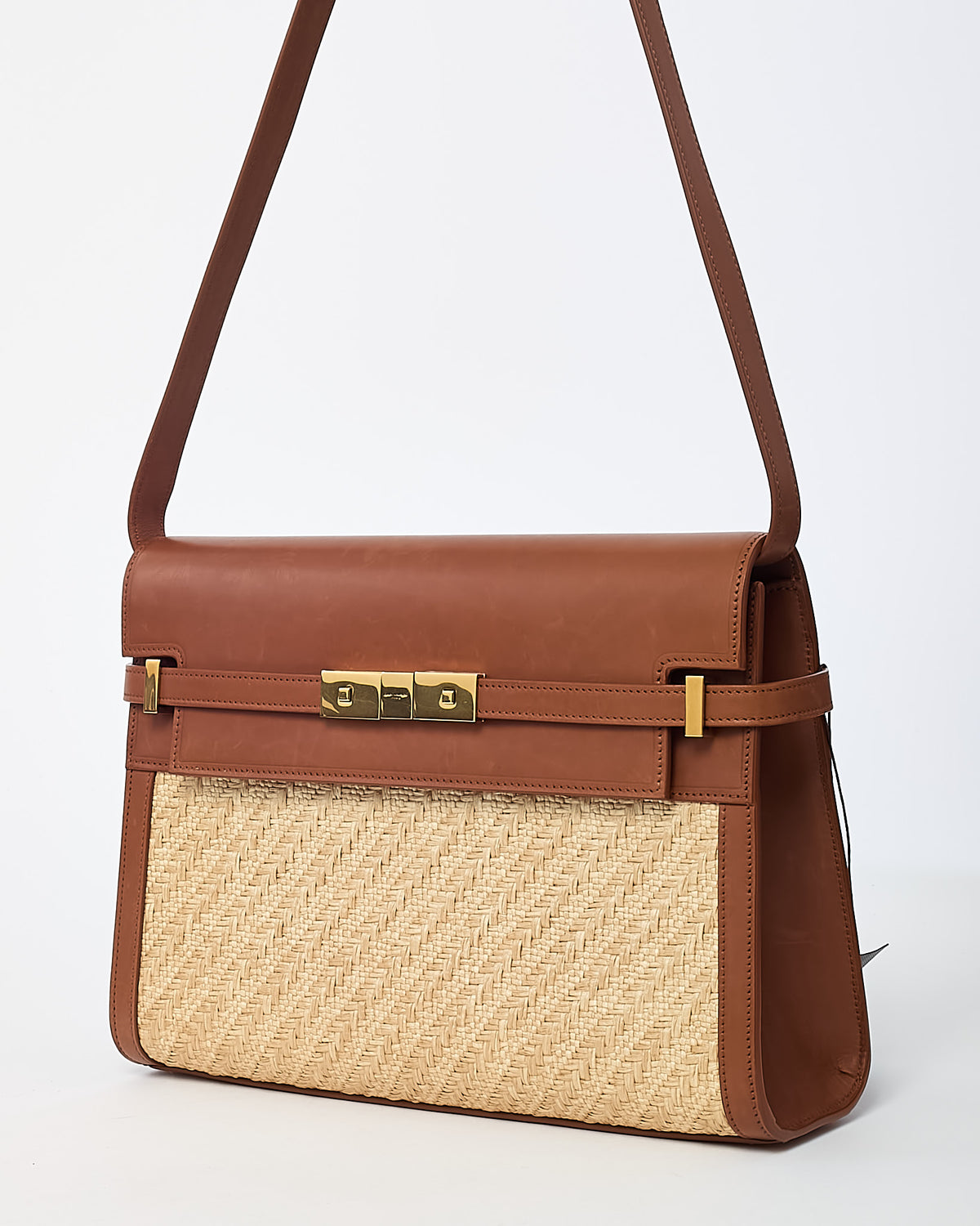 Saint Laurent Brown Brick Leather and Neutral Beige Raffia Manhattan Shoulder Bag