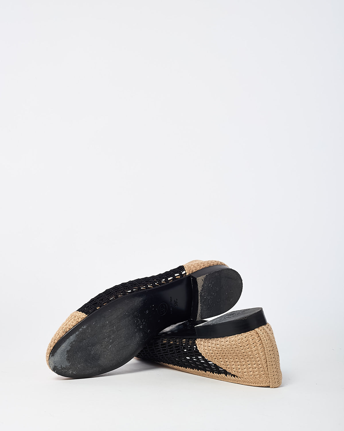 Chanel Beige and Black Mesh Crochet CC Logo Cap Toe Ballet Flats - 38 C
