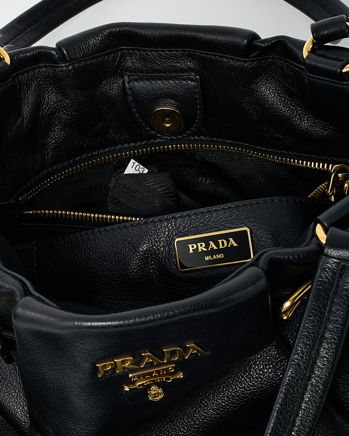 Prada Black Glace Calf Leather Gold Buckle Shoulder Bag