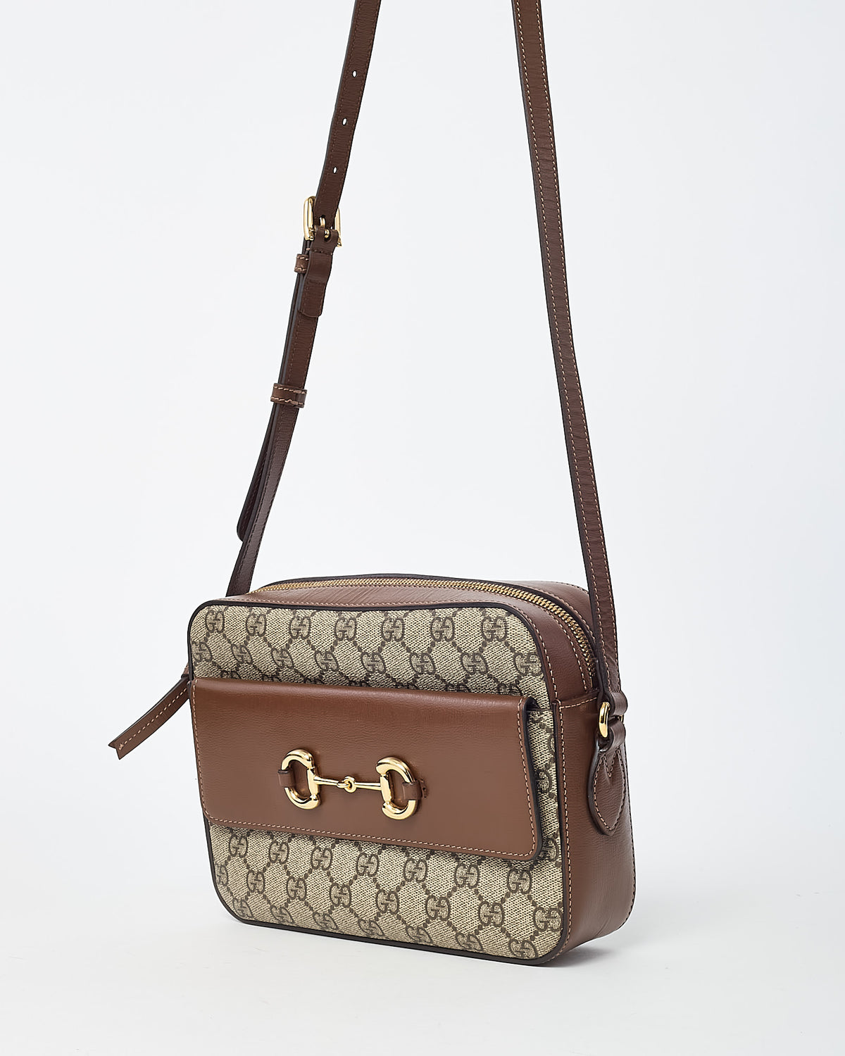 Gucci Brown Leather and Beige and Brown GG Supreme Monogram Canvas Horsebit 1955 Camera Bag
