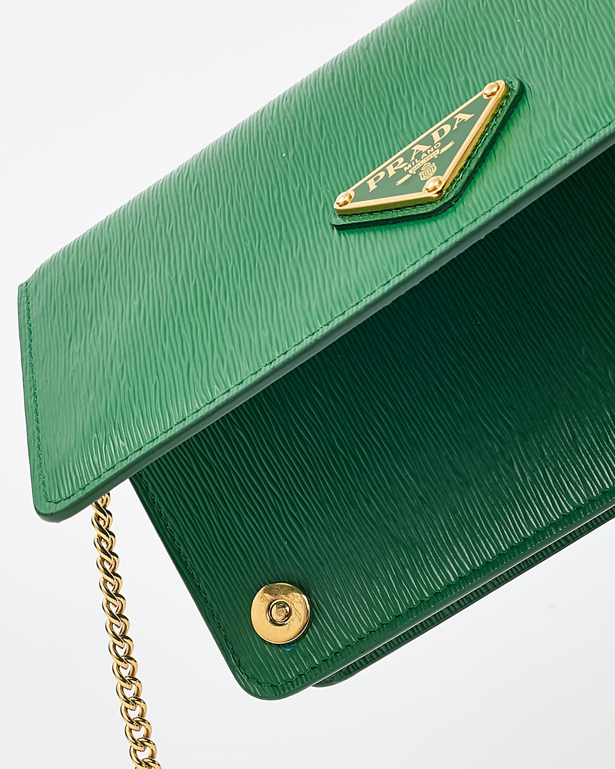 Prada Green Saffiano Leather Triangle Logo WOC Wallet on Chain Crossbody Bag