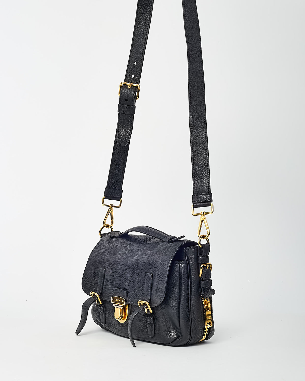 Prada Black Vitello Daino Leather Push Lock Messenger Bag