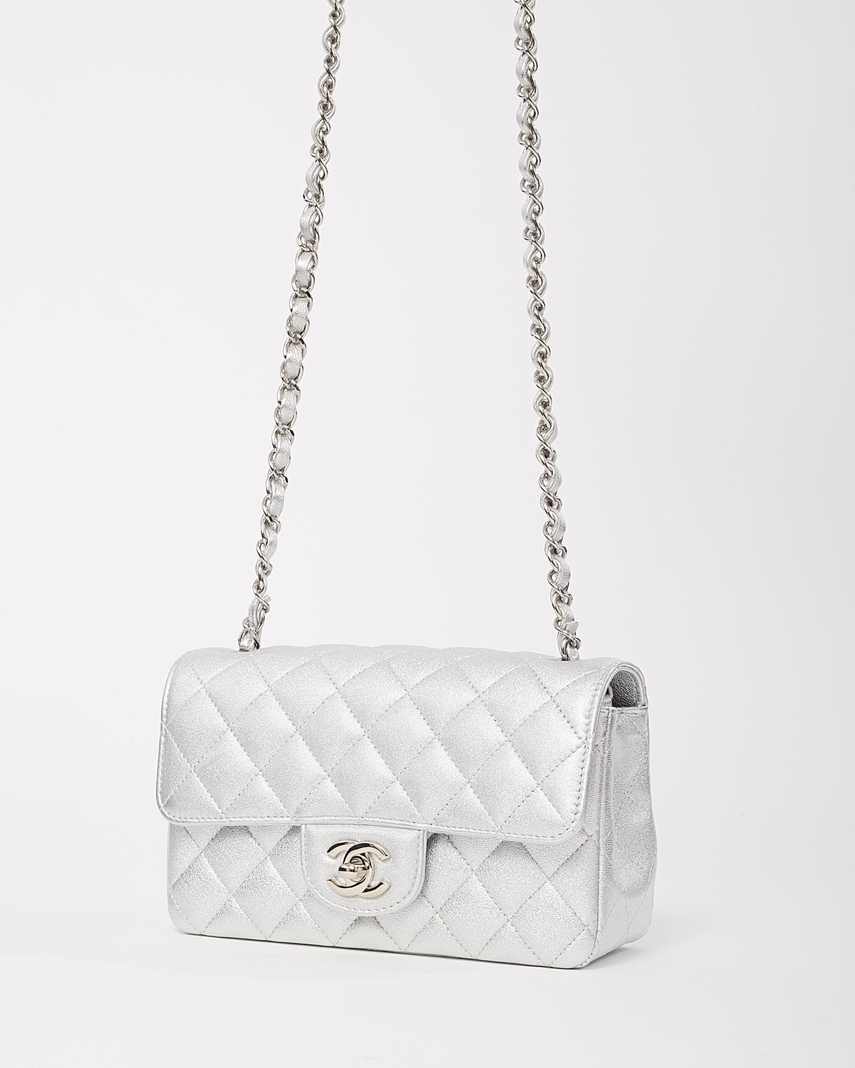 Chanel Silver Lambskin Quilted Leather Rectangular Mini Flap Bag SHW