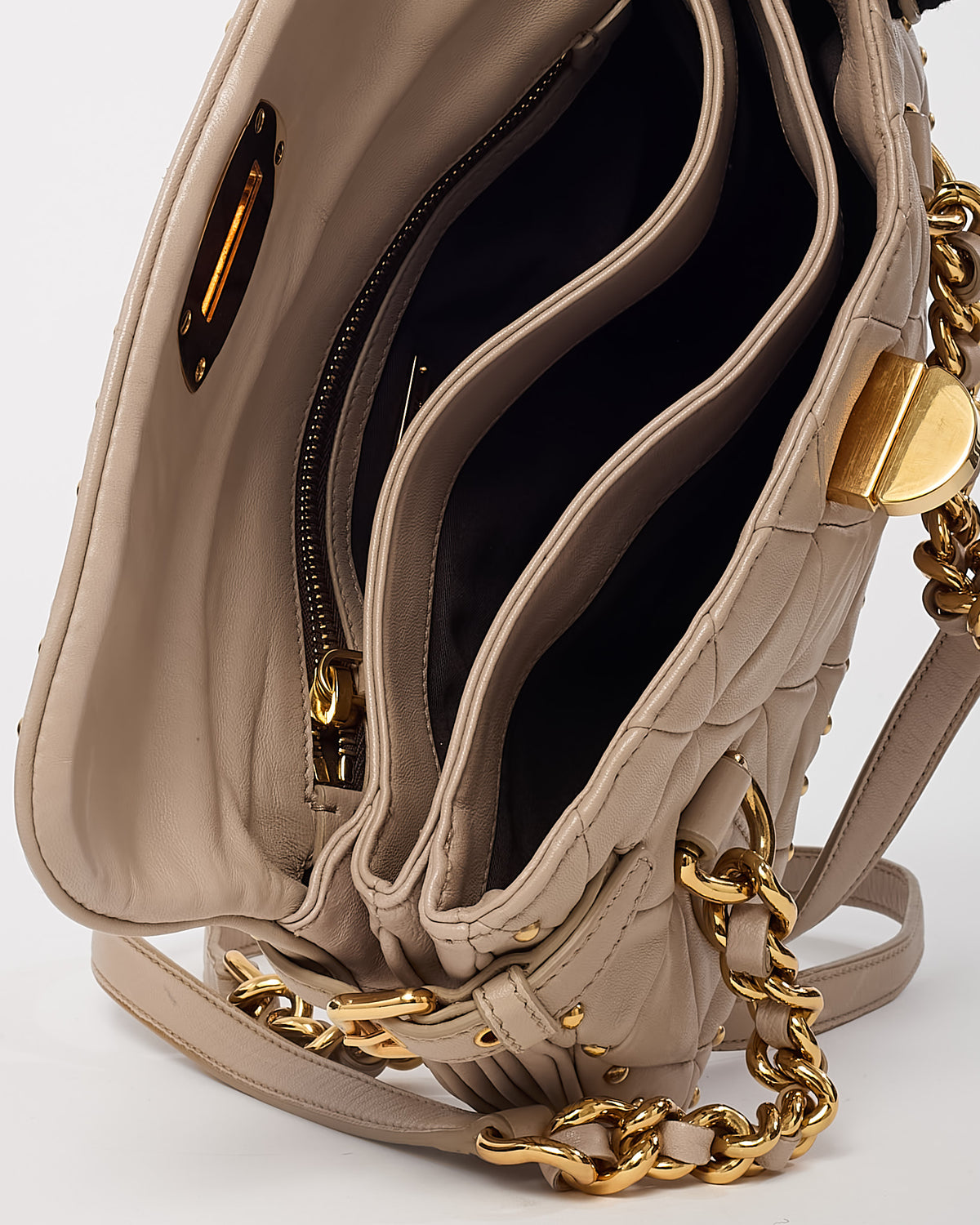 Miu Miu Beige Nappa Leather Quilted Studded Shoulder Bag
