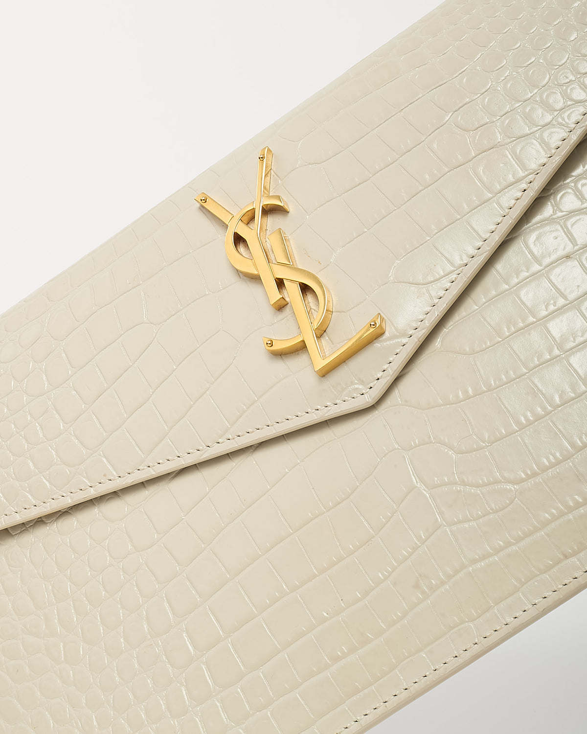 Saint Laurent Off-White Shiny Croc Embossed Leather GHW YSL Uptown Pouch Clutch