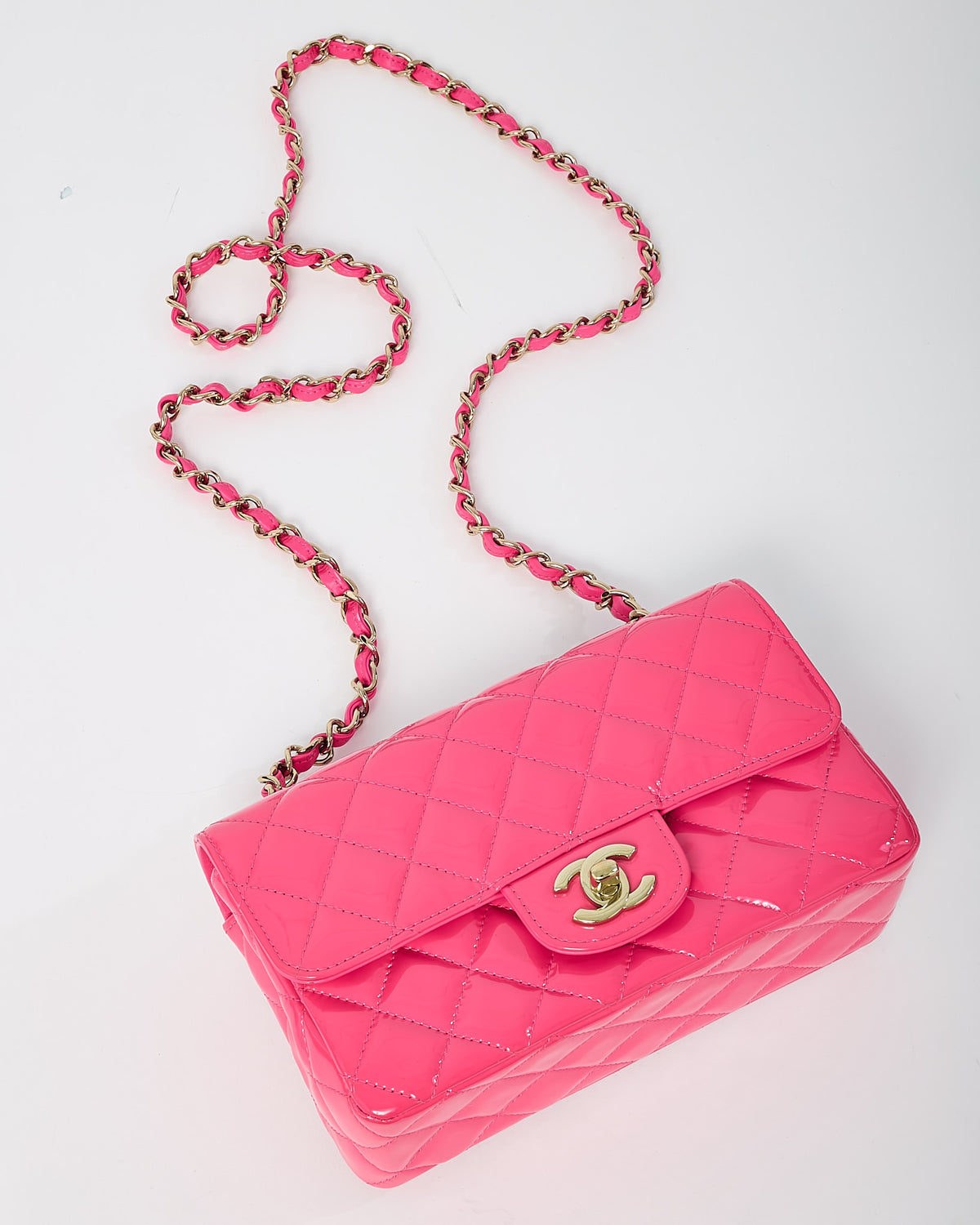 Chanel Pink Quilted Patent Leather Rectangular Mini Flap Bag GHW