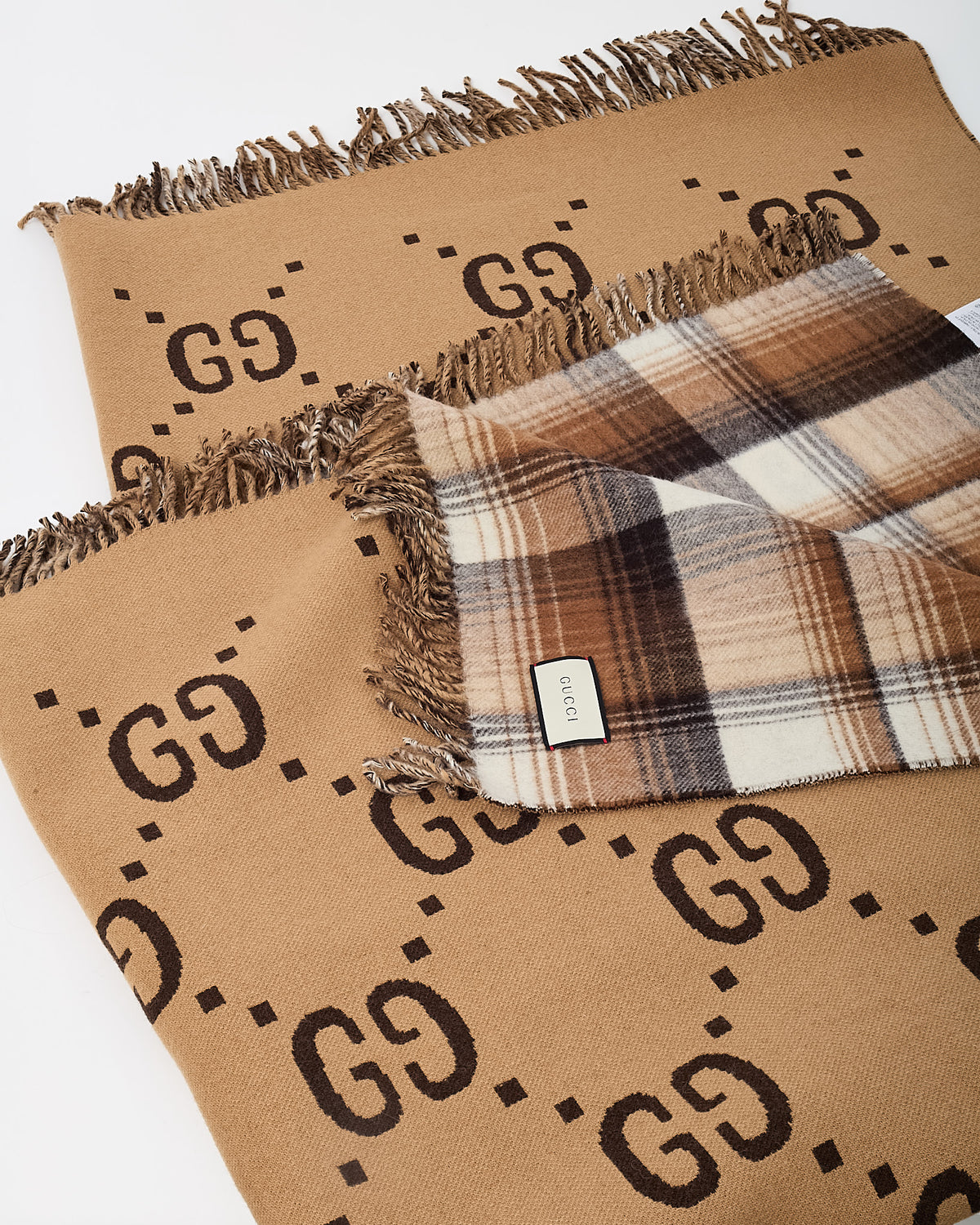 Gucci Brown/Beige/Cream Check and Jumbo GG Monogram Logo Reversible Throw Blanket