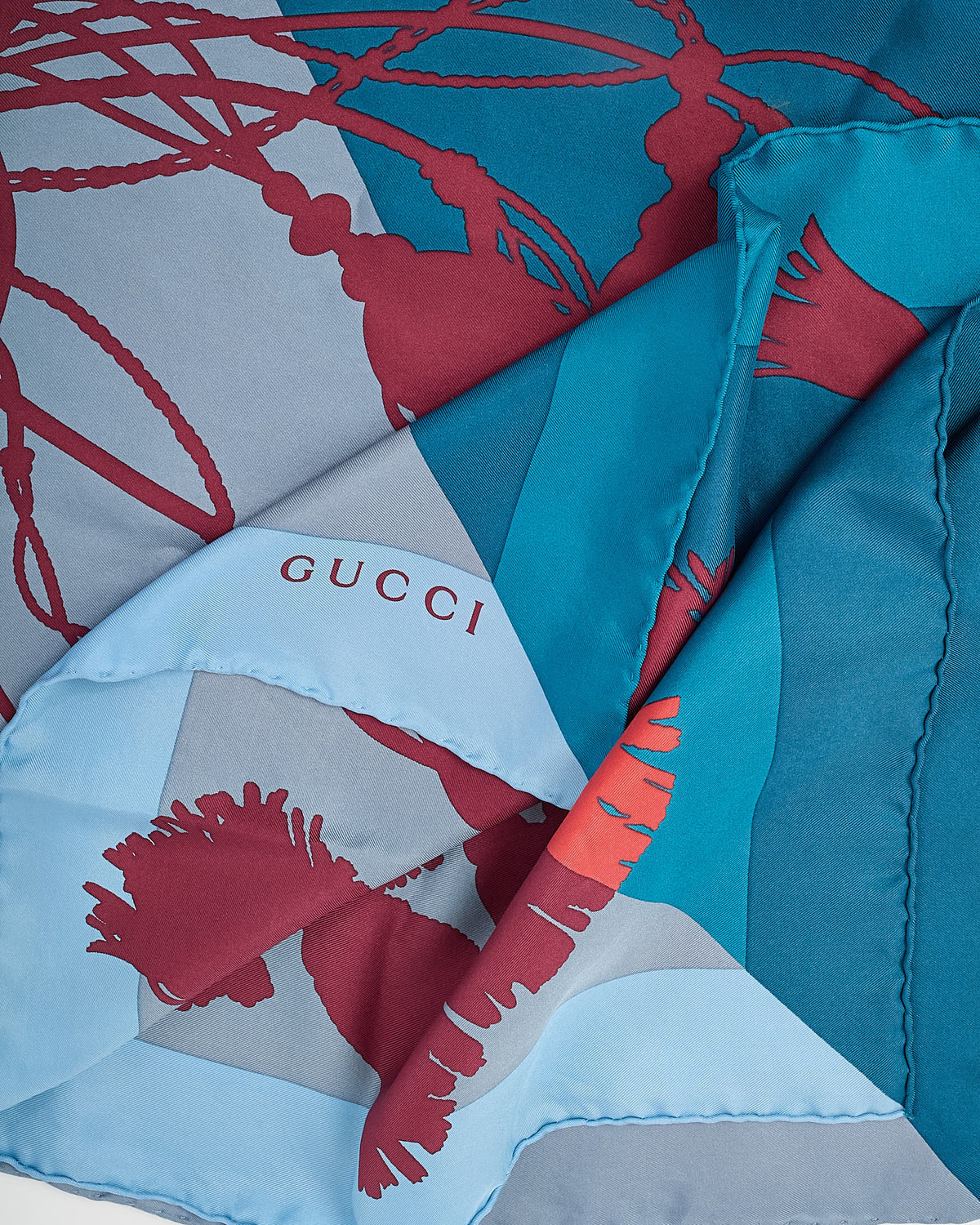 Gucci Blue/Grey/Red/Orange Tassel and Rope Motif 90cm Silk Scarf