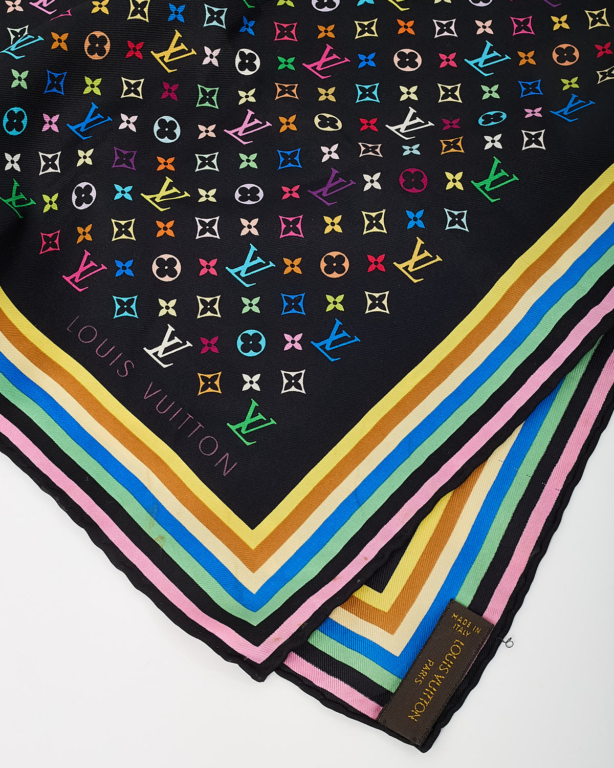 Louis Vuitton x Takashi Murakami Black Monogram Multicolor Silk Scarf 70cm
