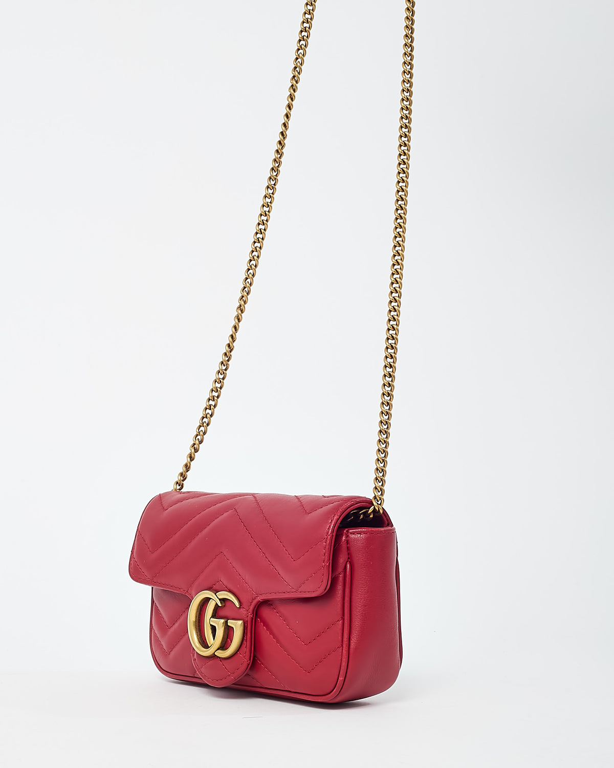 Gucci Red Matelassé Chevron Leather GG Marmont Super Mini Shoulder Bag