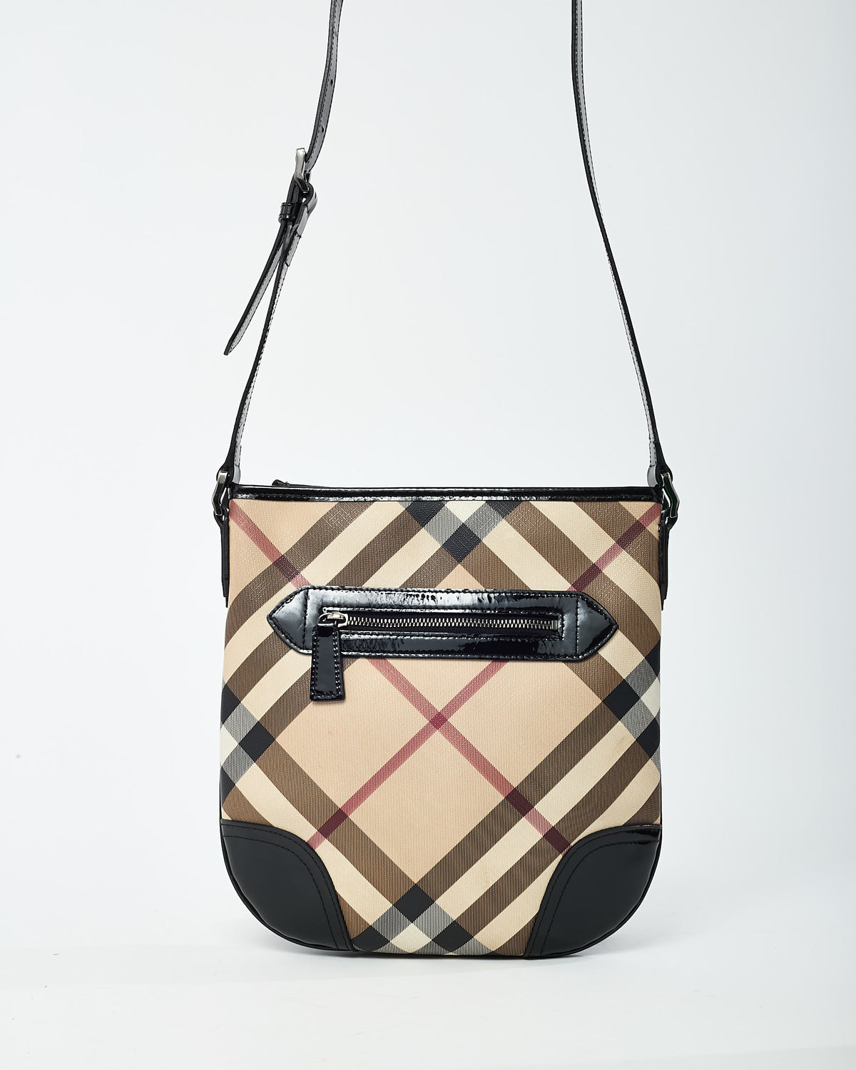 Burberry Beige Nova Check Coated Canvas Black Patent Trim Dryden Crossbody Bag