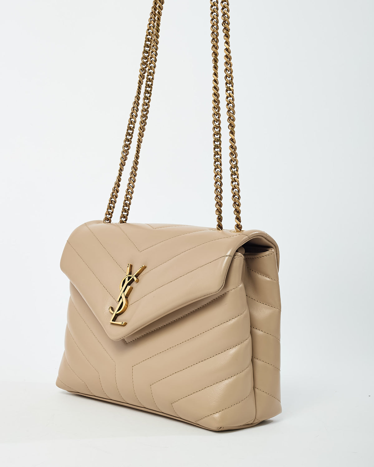 Saint Laurent Beige Chevron Leather Small GHW YSL Monogram Loulou Shoulder Bag