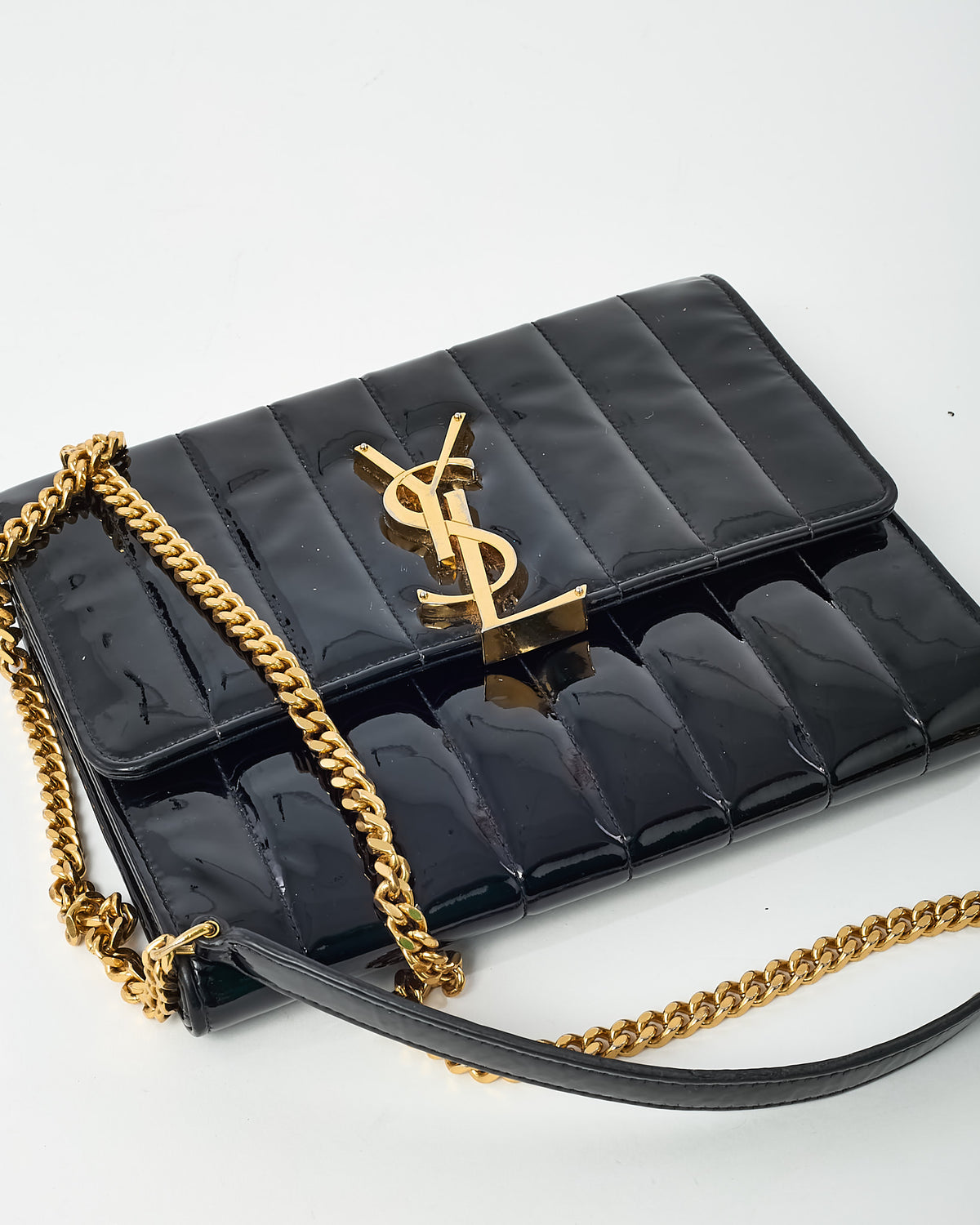 Saint Laurent Black Patent Leather Medium Vicky GHW YSL Logo Chain Shoulder Bag