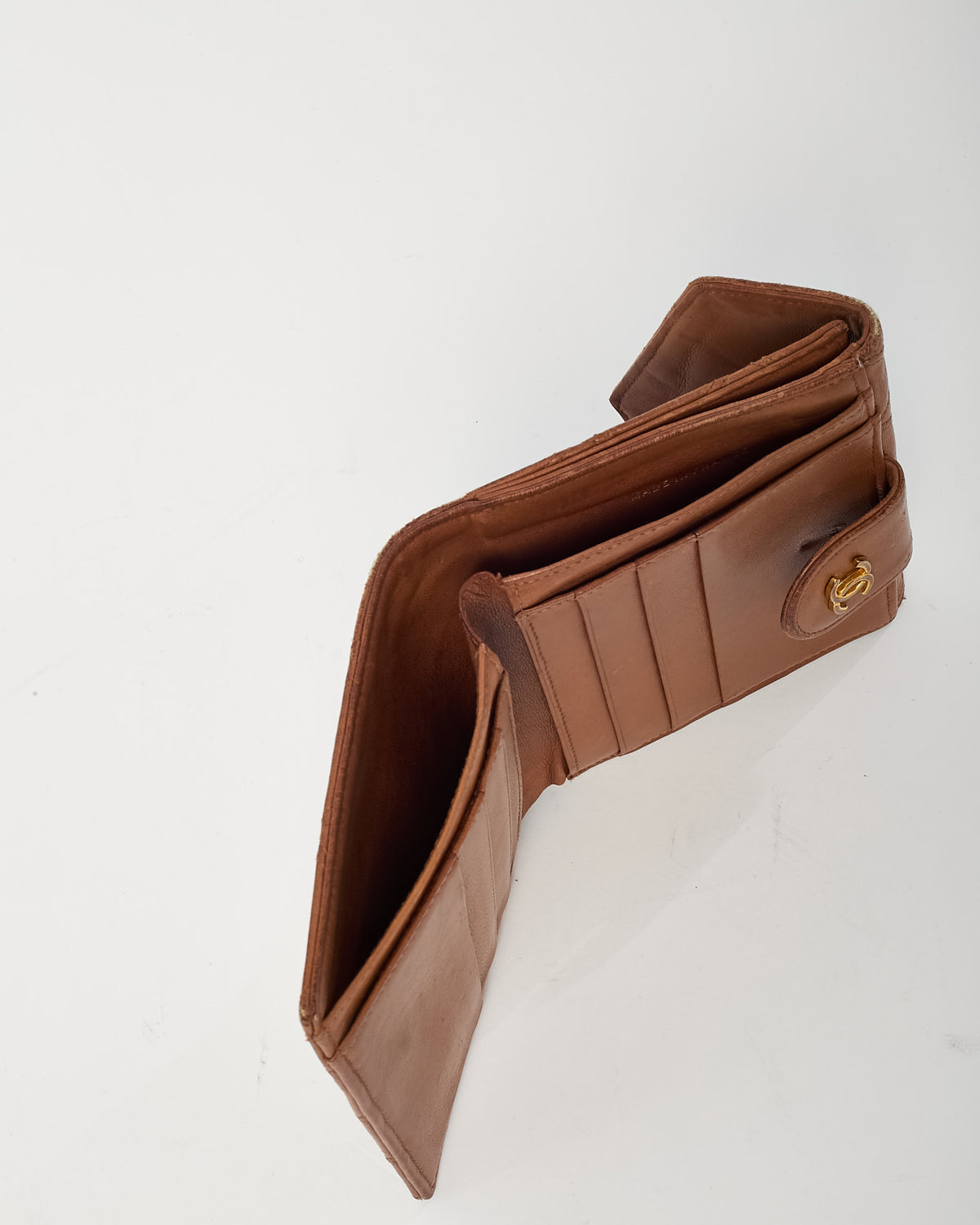 Chanel Vintage Dark Beige Quilted Calf Leather CC Logo Compact Wallet