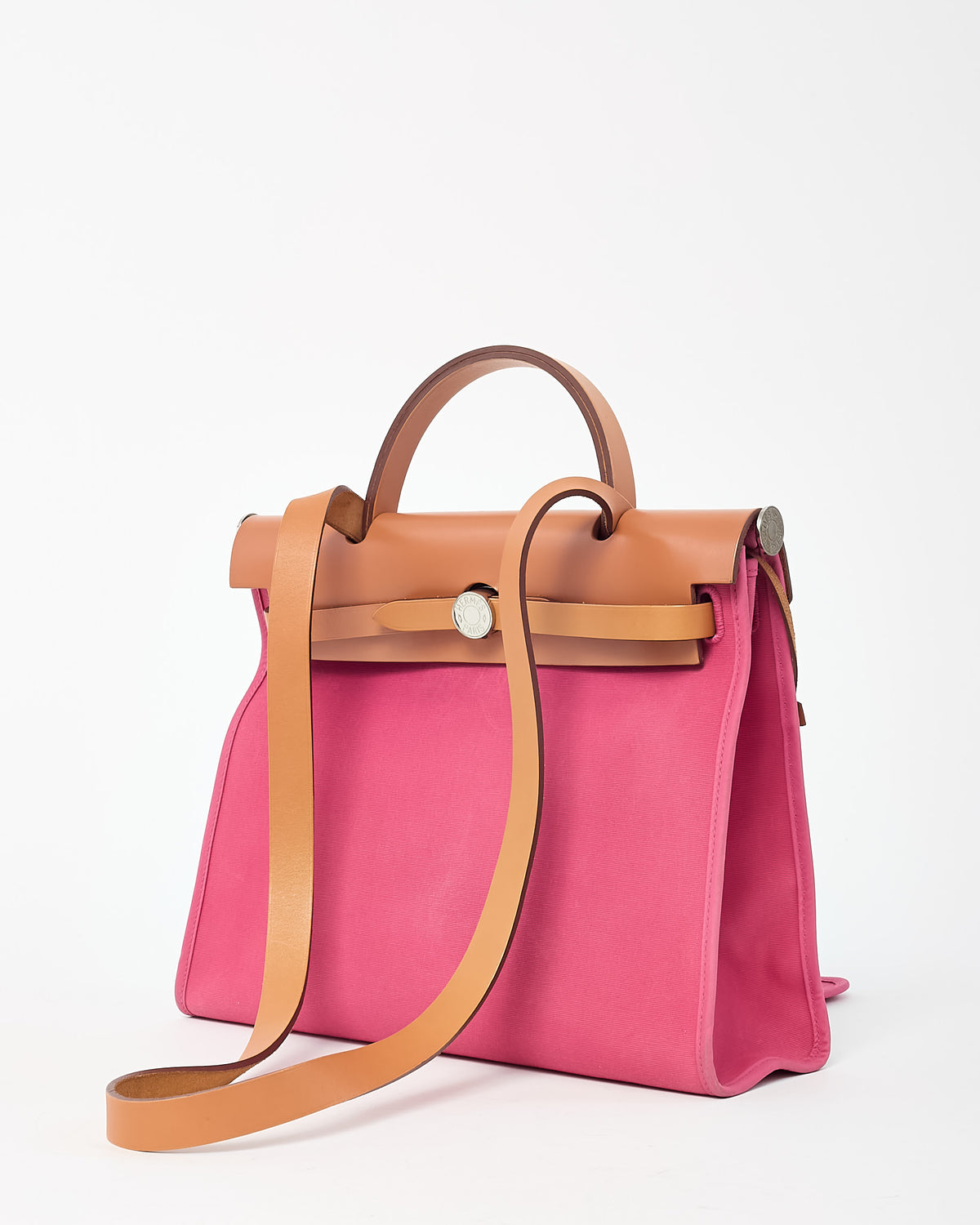 Hermès Tan Leather and Pink Toile Canvas Herbag Zip 31 with Palladium Hardware