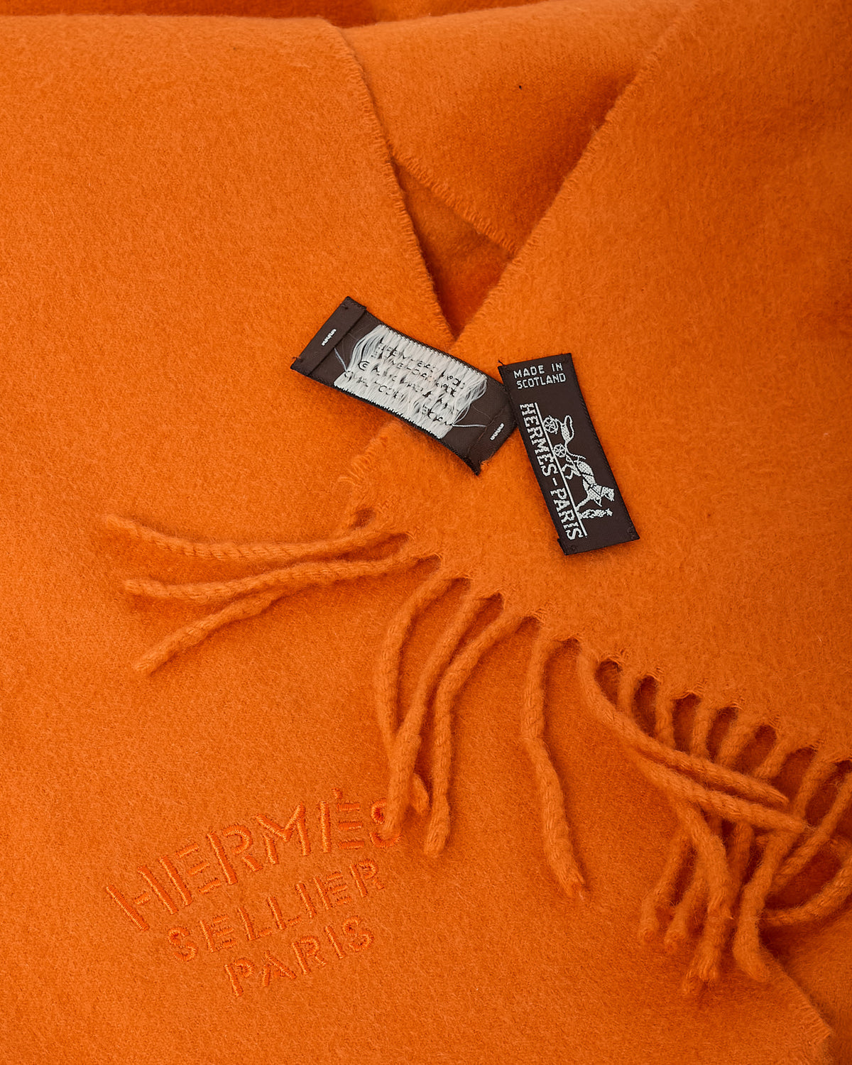 Hermès Orange Cashmere Logo Fringe Muffler Stole Scarf