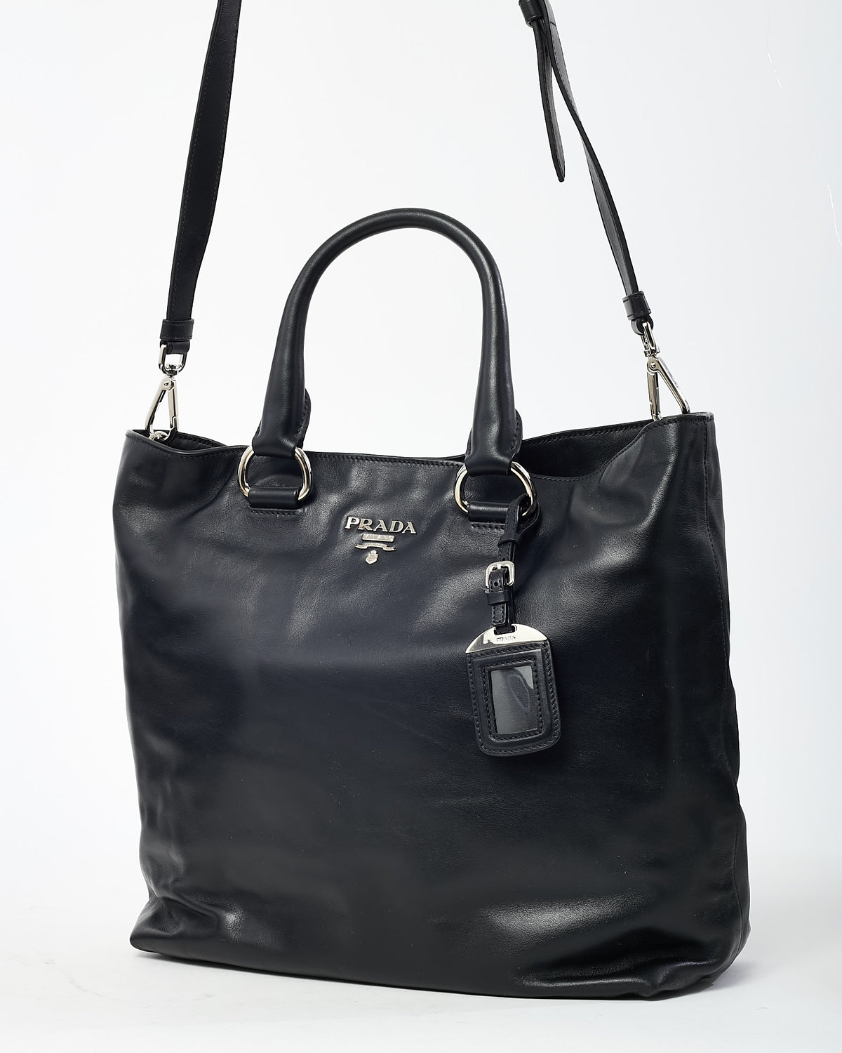 Prada Black Vitello Daino Leather 2Way Tote with Strap SHW