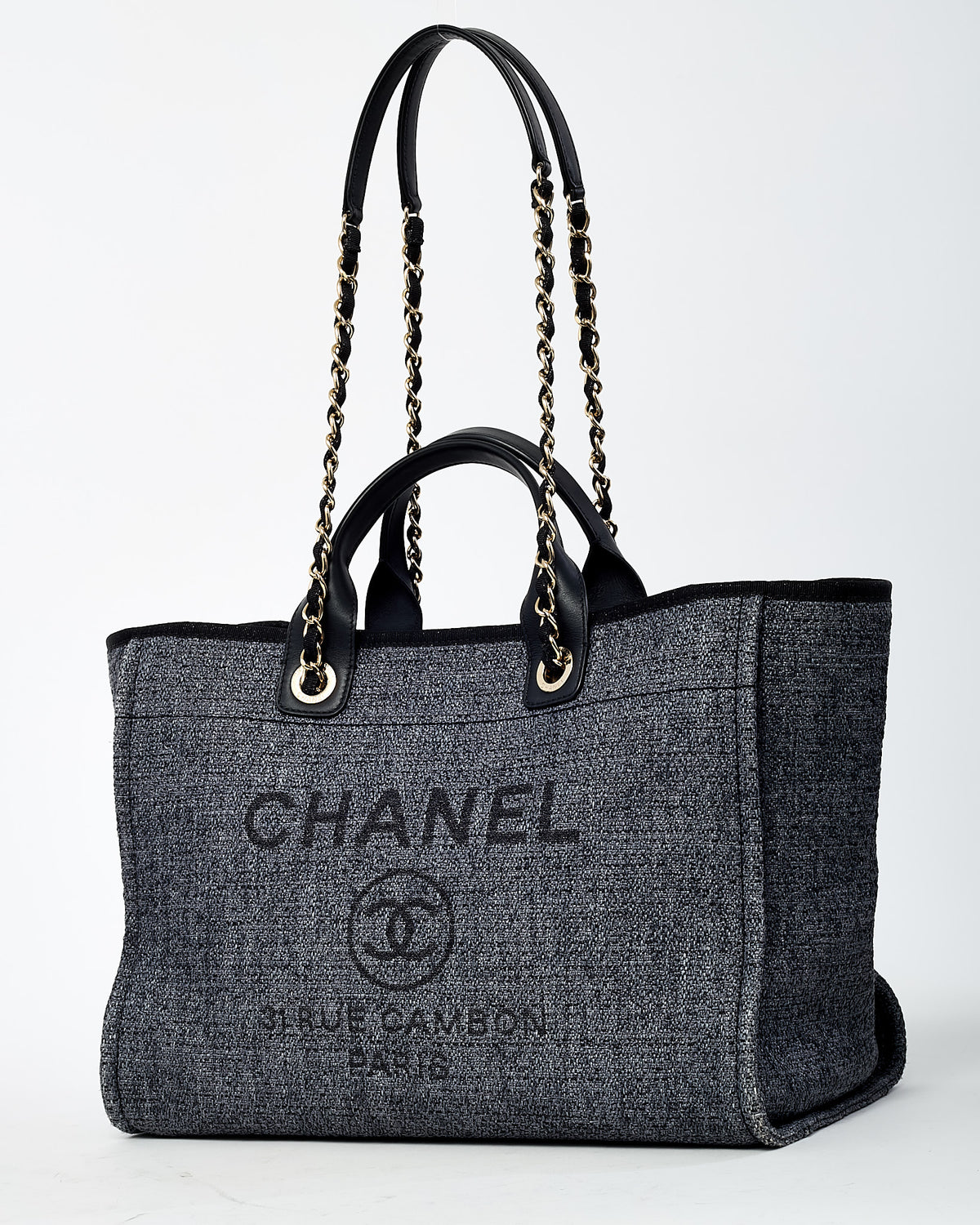 Chanel Dark Grey and Black Lurex Boucle Tweed Chanel Logo Medium Deauville Tote GHW