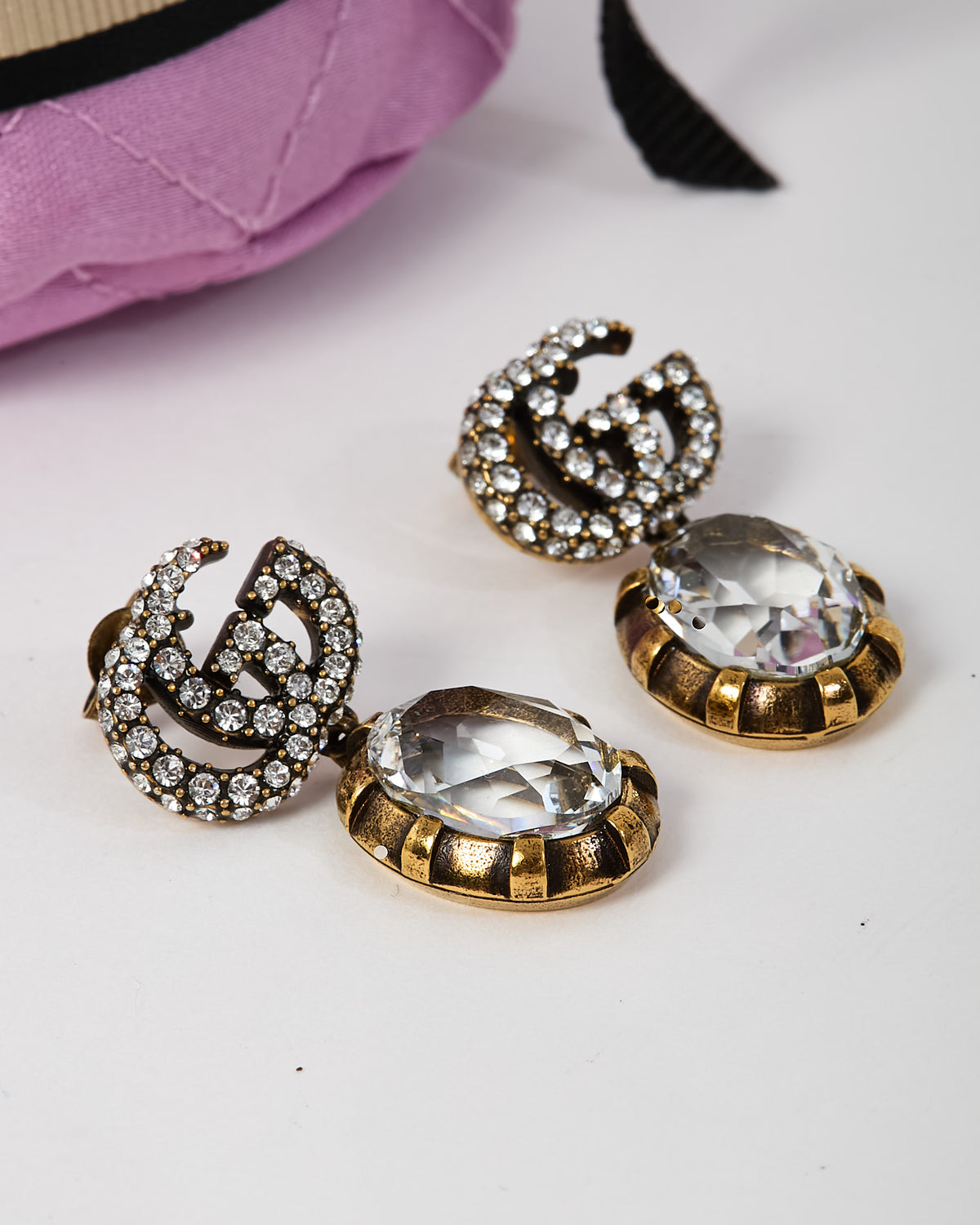 Gucci Silver Crystal Double G Gold-tone Brass Crystal Stone Drop Earrings