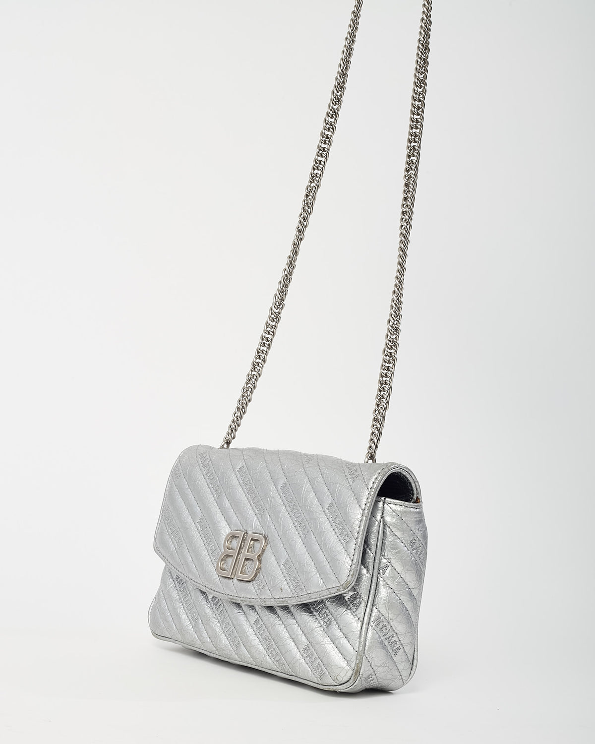 Balenciaga Metallic Silver BB Logo Embossed Leather Small Chain Flap Bag