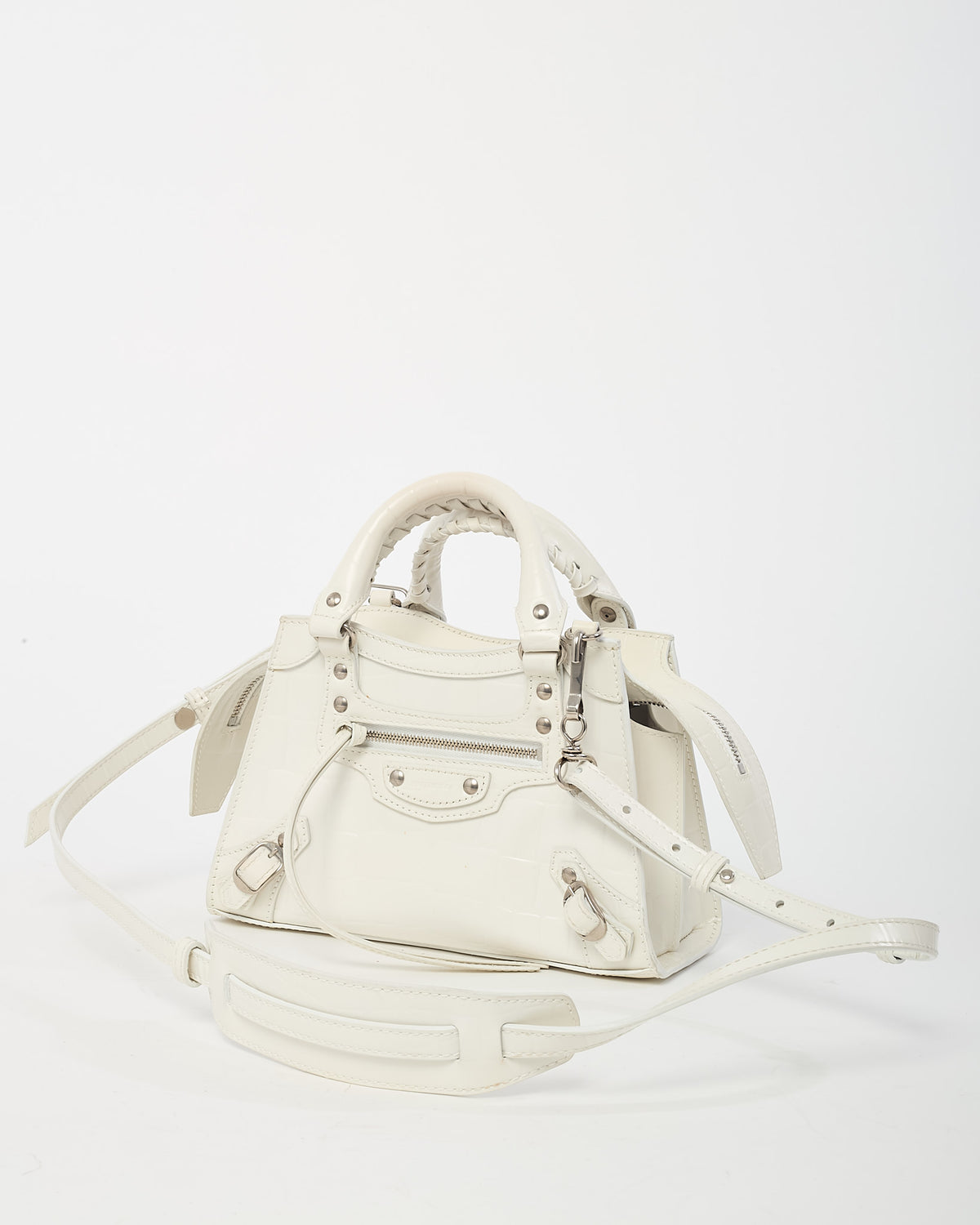 Balenciaga White Crocodile Embossed Neo Classic Silver Hardware Super Nano City Crossbody