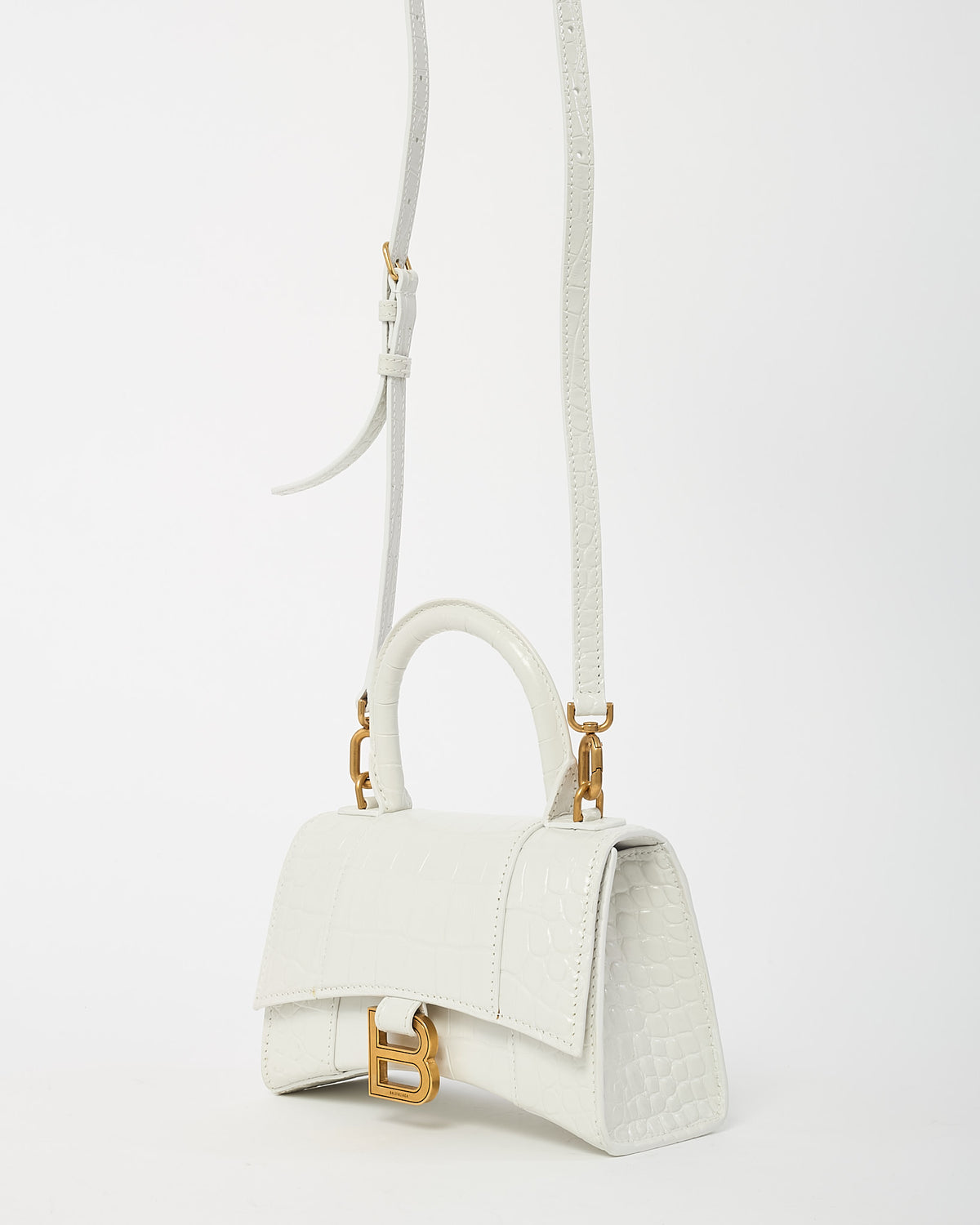 Balenciaga White Croc Embossed Leather Hourglass GHW XS Handbag