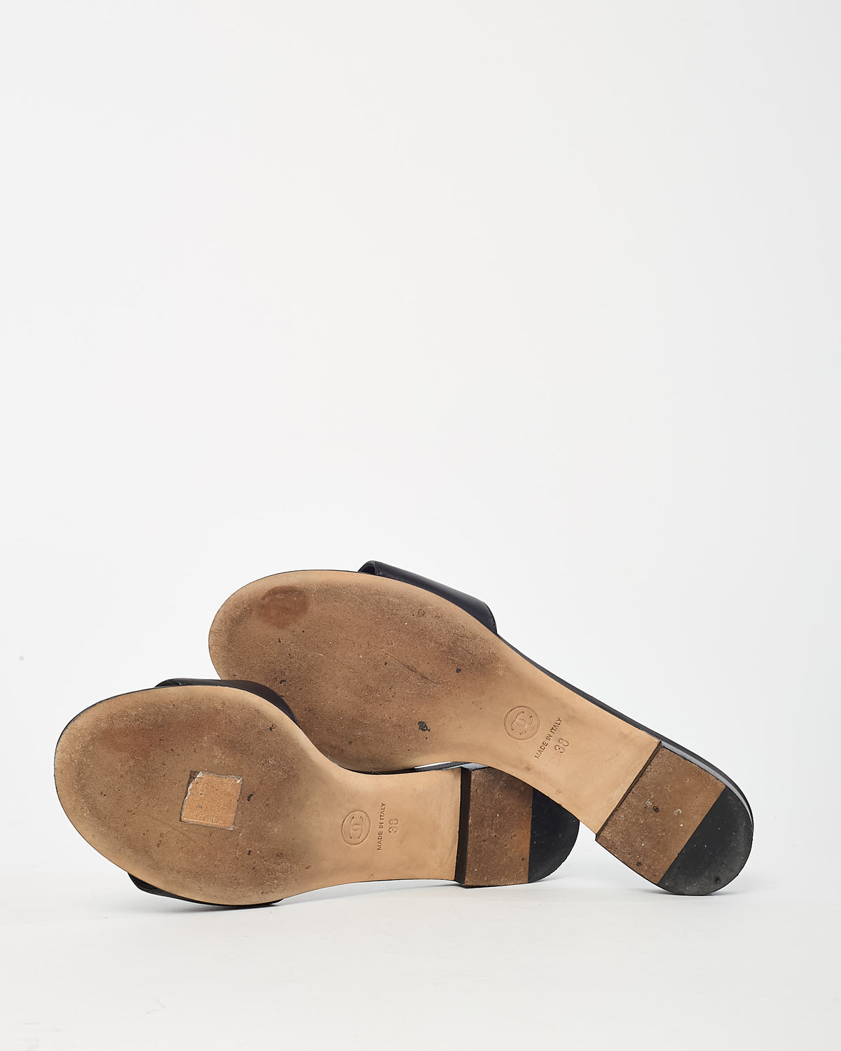 Chanel Black Leather Crystal CC Logo Mule Sandals - 38