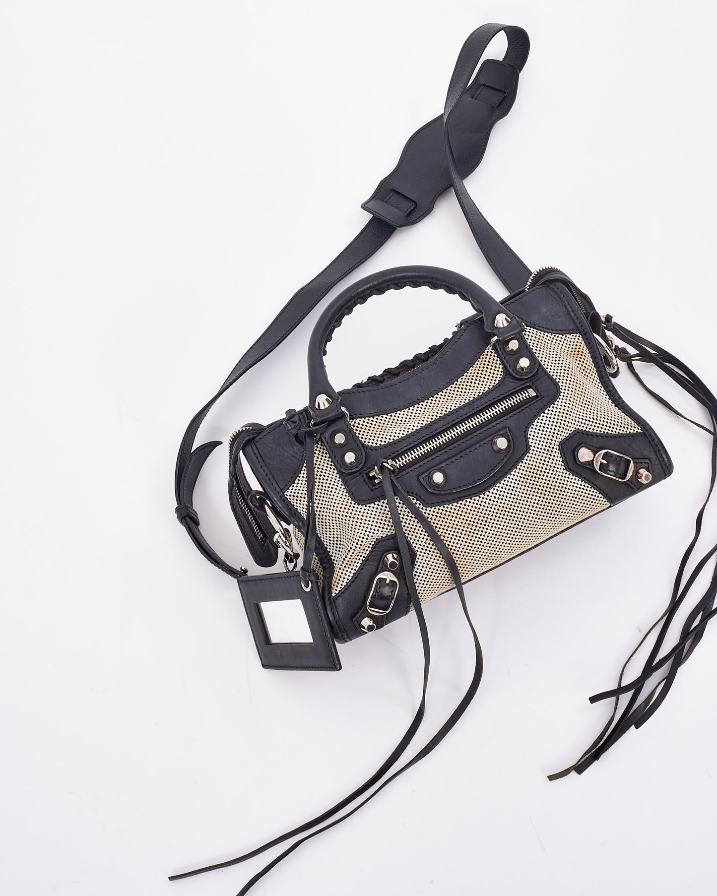 Balenciaga Black & White Leather & Canvas Motocross Classic Mini City Bag