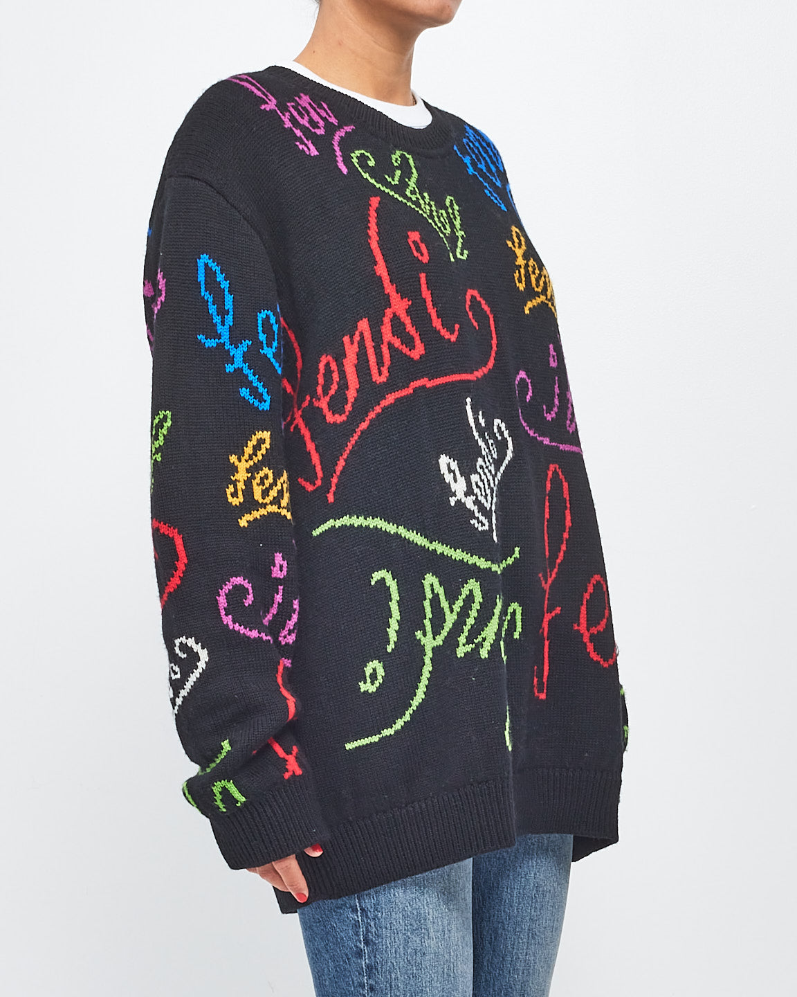 Fendi Black & Multicolor Intarsia Logo Graphic Knit Wool Sweater - 54 (XXL)