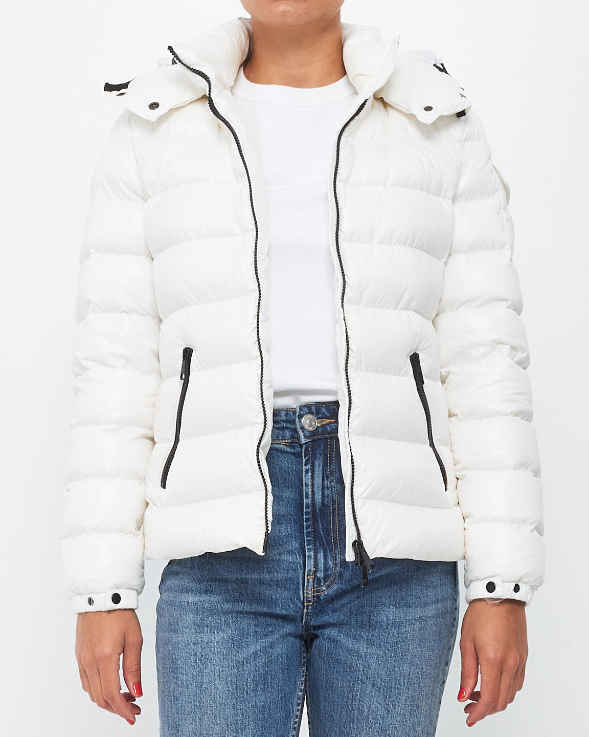 Explore a Moncler White With Black Trimming Bady Short Down Jacket