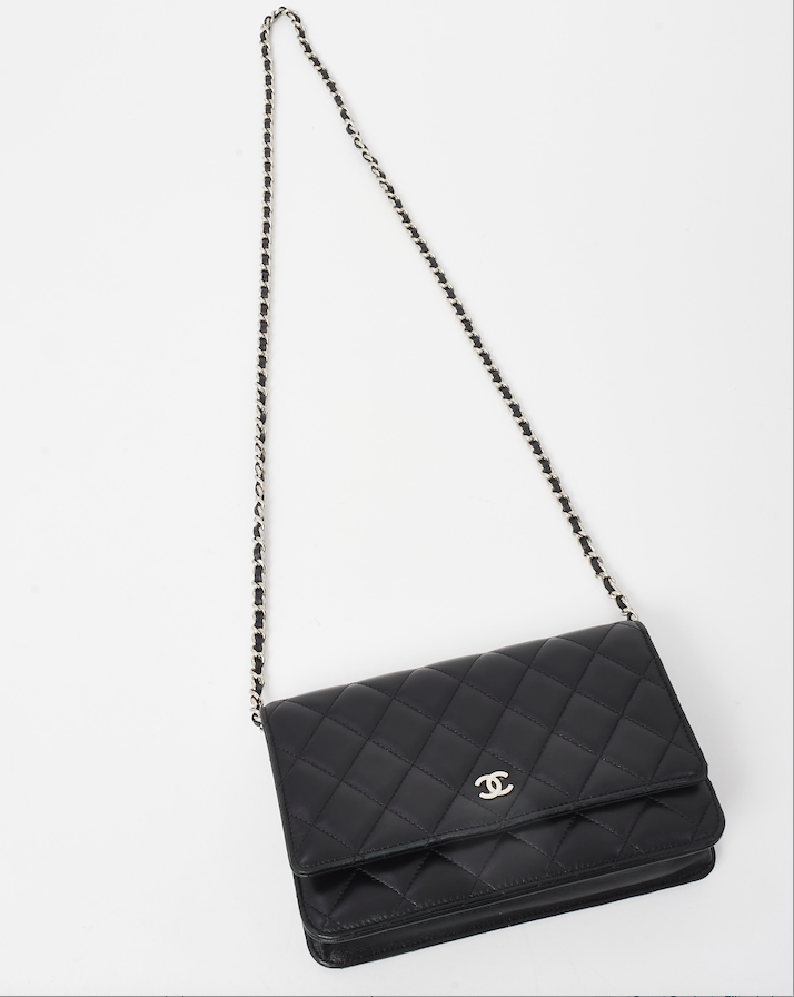 Chanel Black Lambskin Leather WOC Wallet on Chain Crossbody Bag SHW