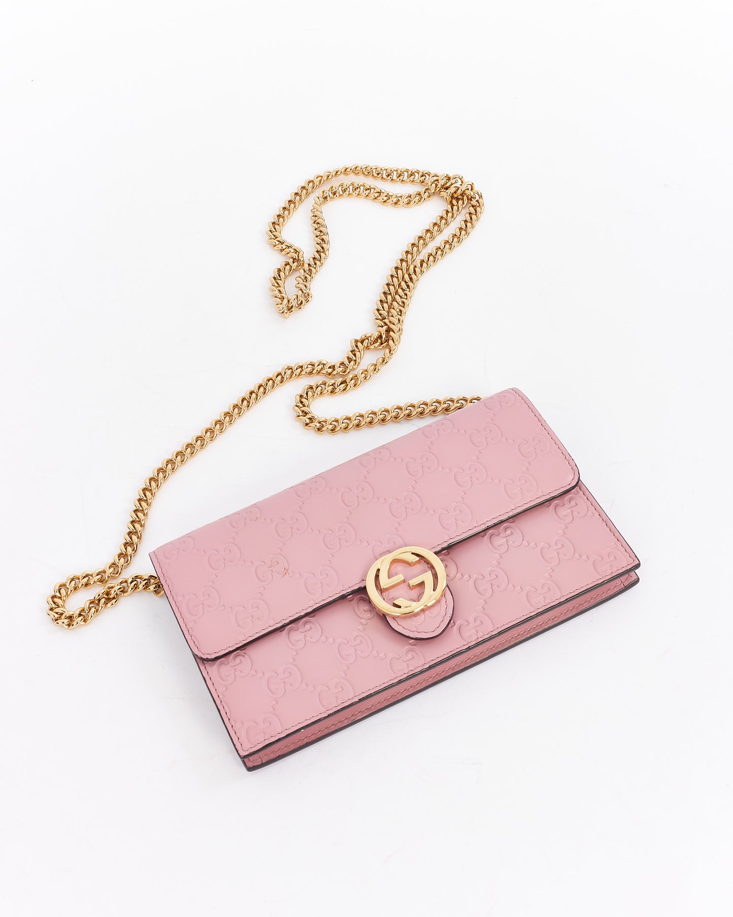 Gucci Pink Leather Signature GG Embossed Wallet On Chain