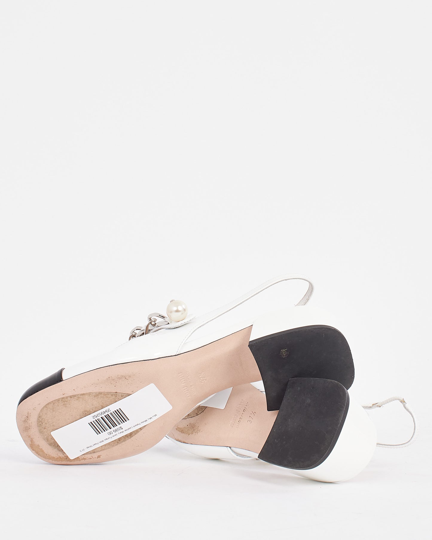 Miu Miu White Patent Leather Mary Jane Pumps With Pearl Strap - 37.5