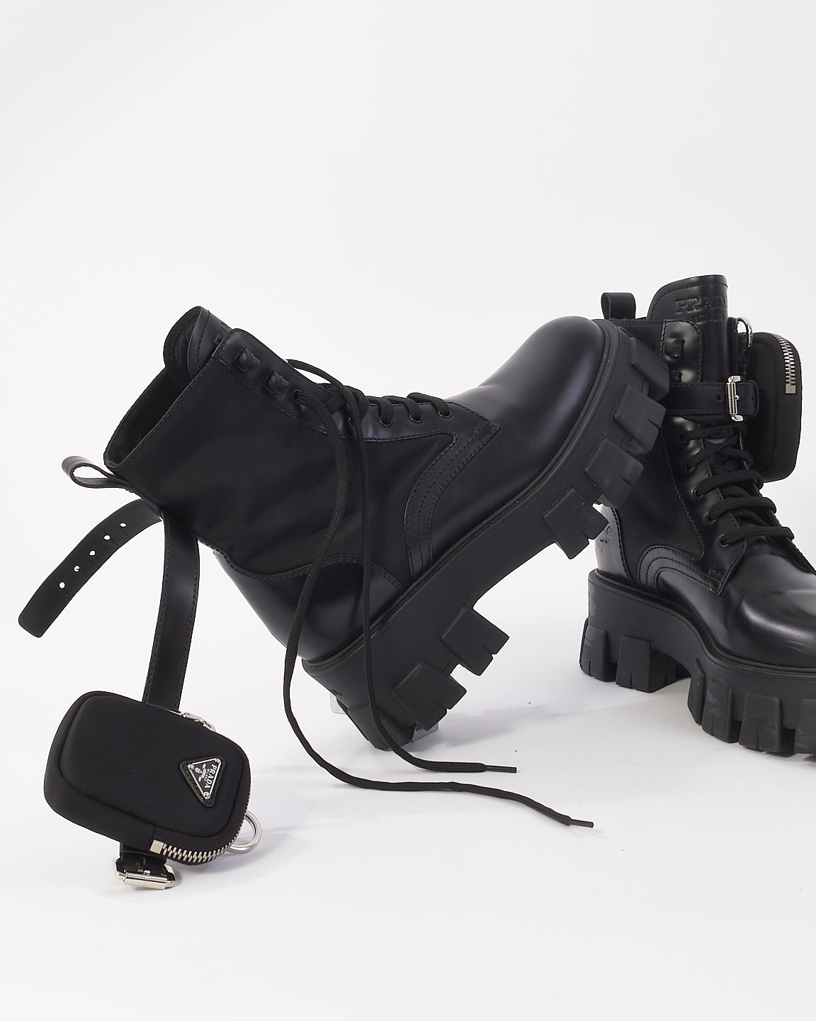 Prada Black Monolith Leather and Re-Nylon Combat Boots with Pouch - 38