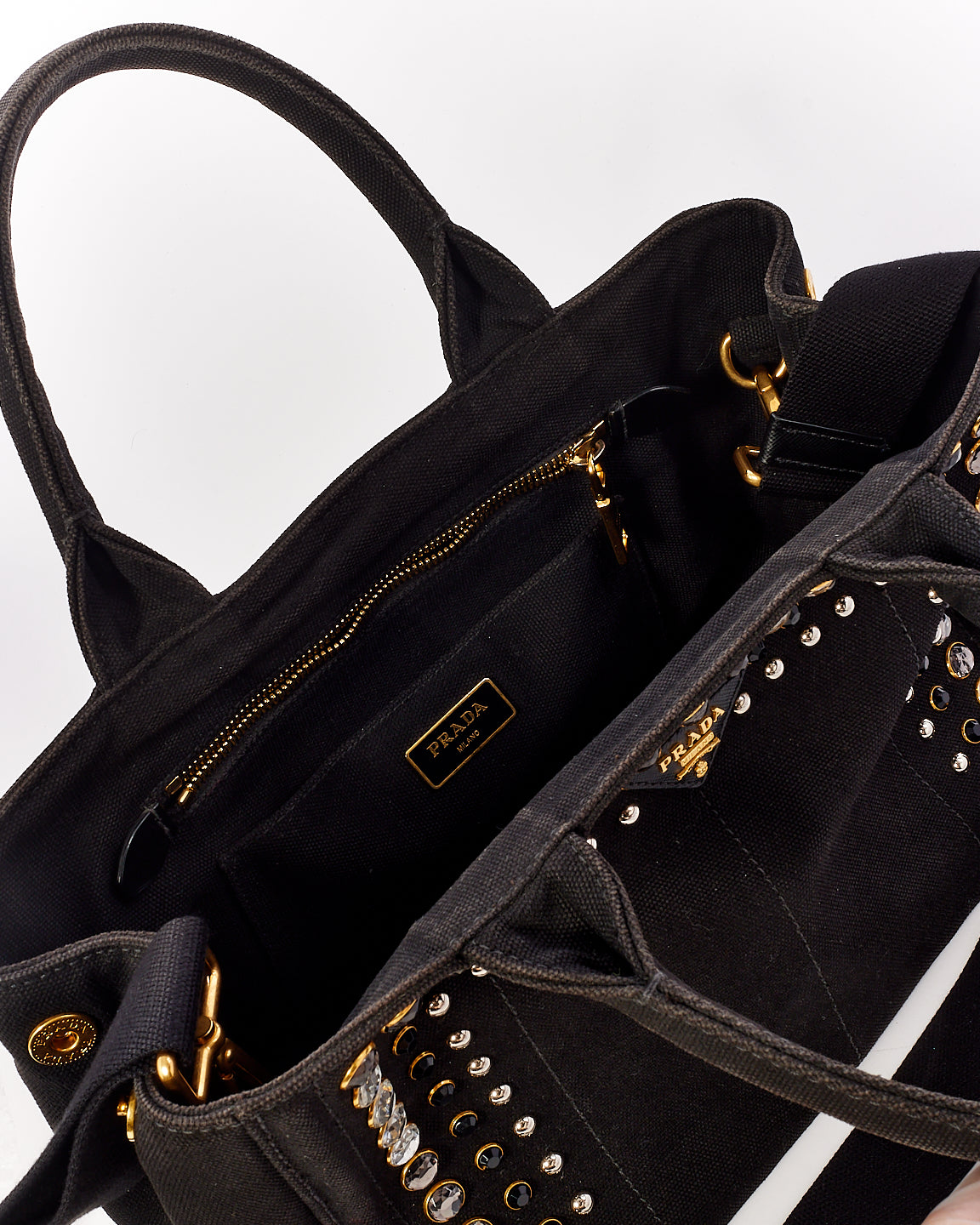 Prada Black Canvas Crystal Embellished Canape Tote with Strap