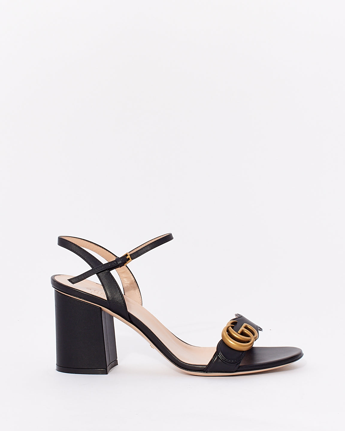 Explore a Gucci Black Leather GG Marmont Ankle Strap Block Heel