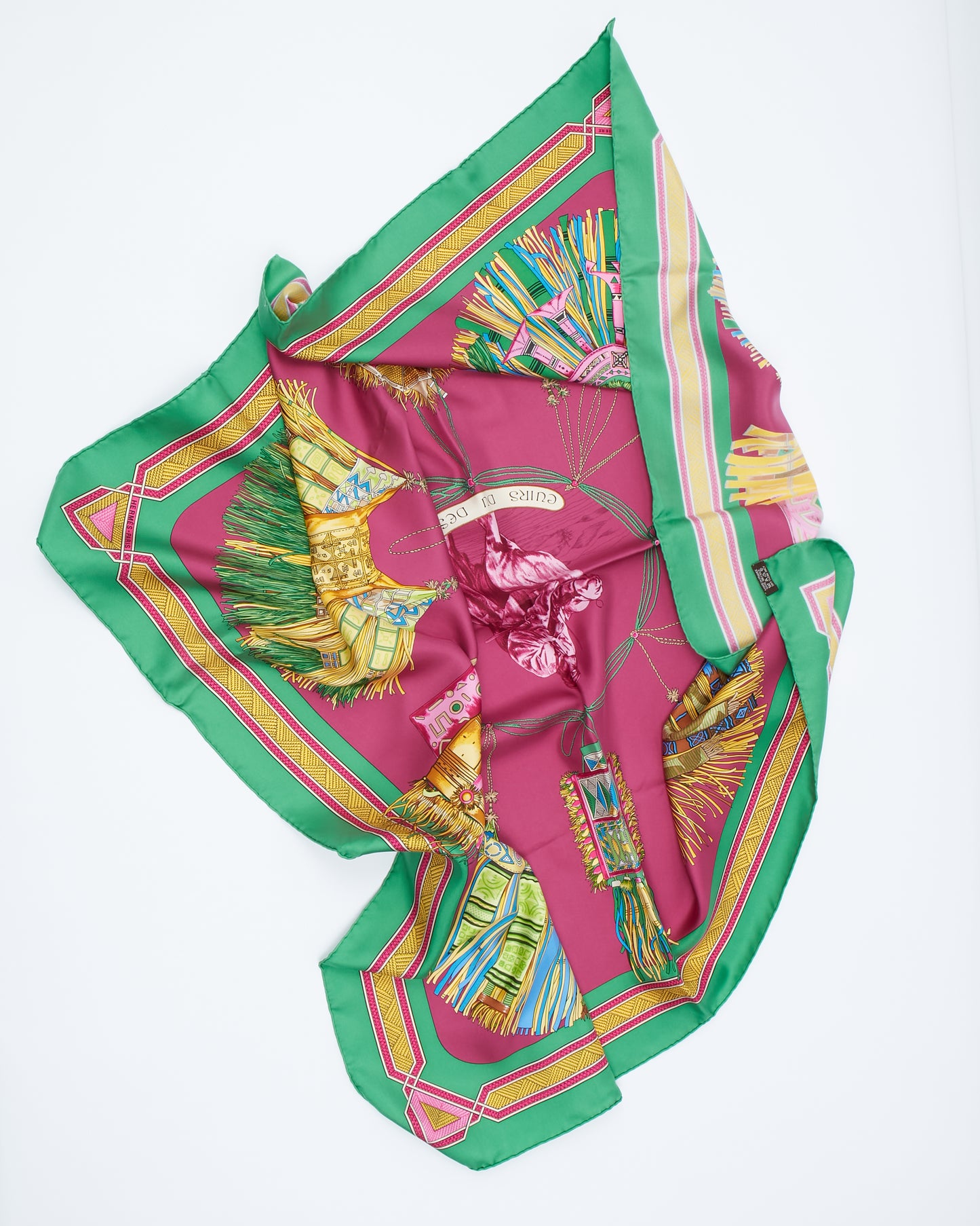 Hermes Green/Fuchsia/Yellow Cuirs Du Desert Print Silk Scarf 90