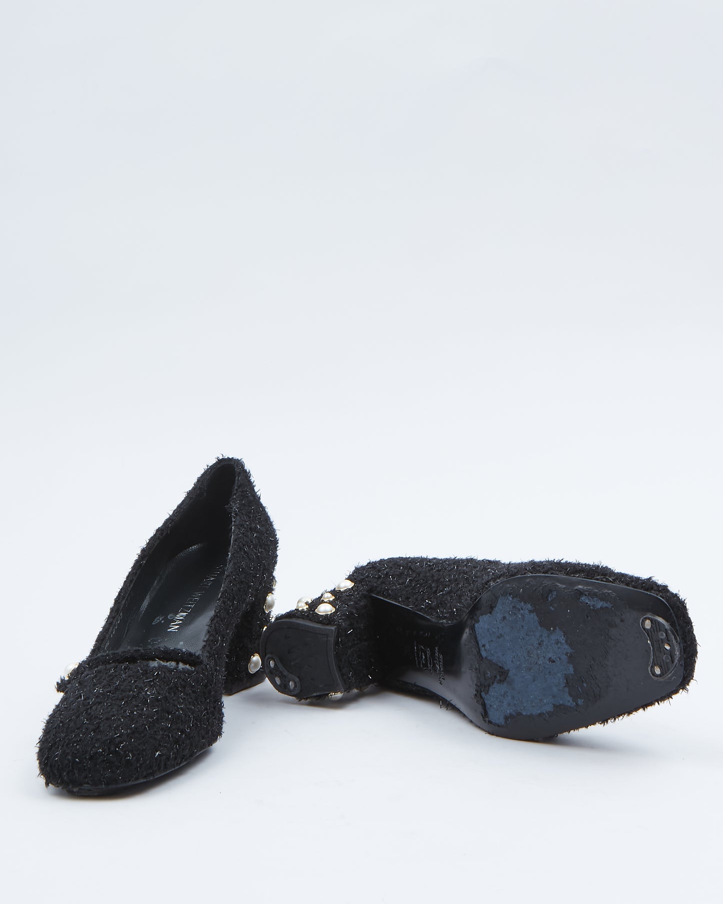 Stuart Weitzman Black Tweed & Pearl Detail Block Heel Pumps - 39.5
