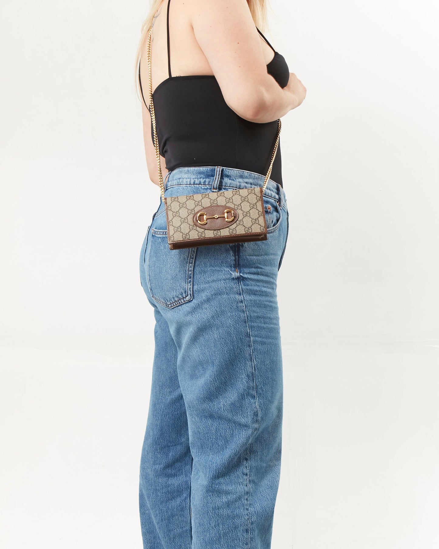 Gucci Brown GG Supreme 1955 Horsebit Wallet On Chain