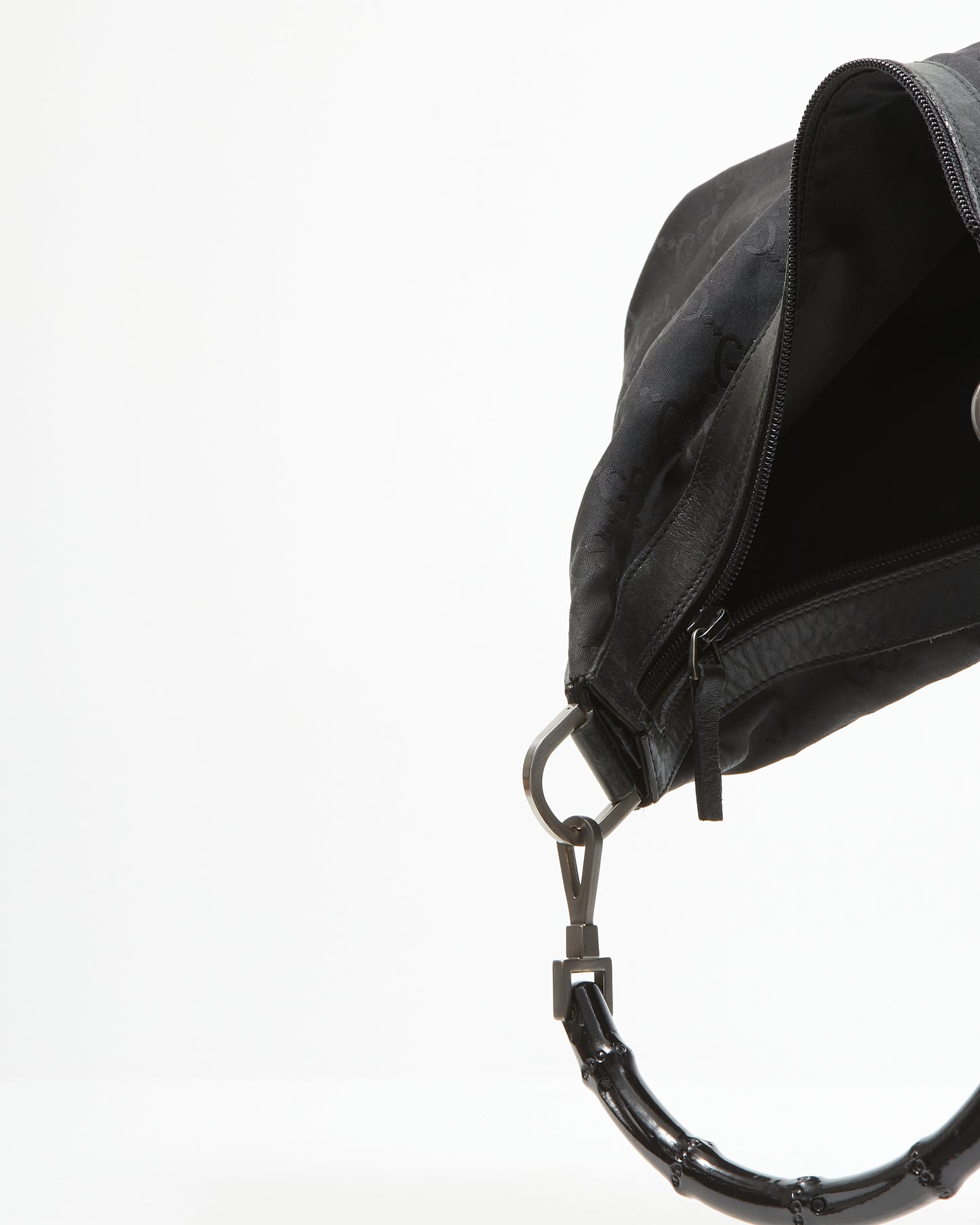 Gucci Black GG Monogram Nylon Bamboo Handle Hobo Shoulder Bag