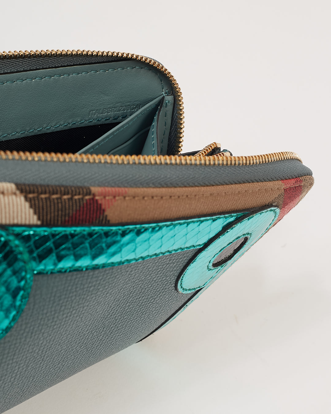 Burberry Celadon Blue Leather/ Python Skin Detail House Check Large Zippy Wallet