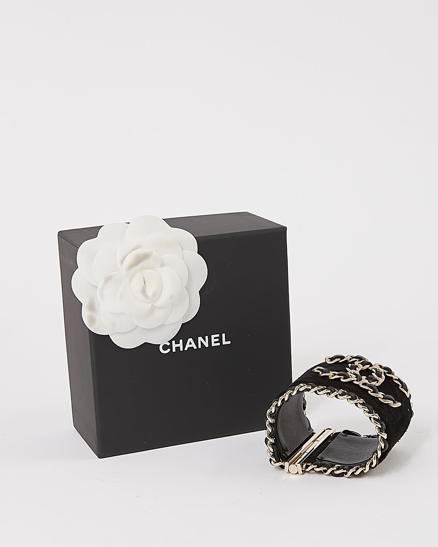 Chanel Black & Gold Tone Logo Suede Cuff Bracelet
