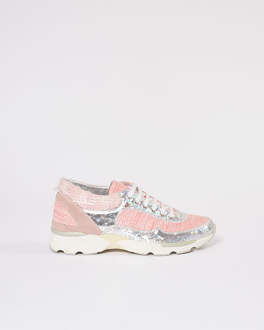 Explore a Chanel Pink Tweed Metallic Sneakers - Main Image