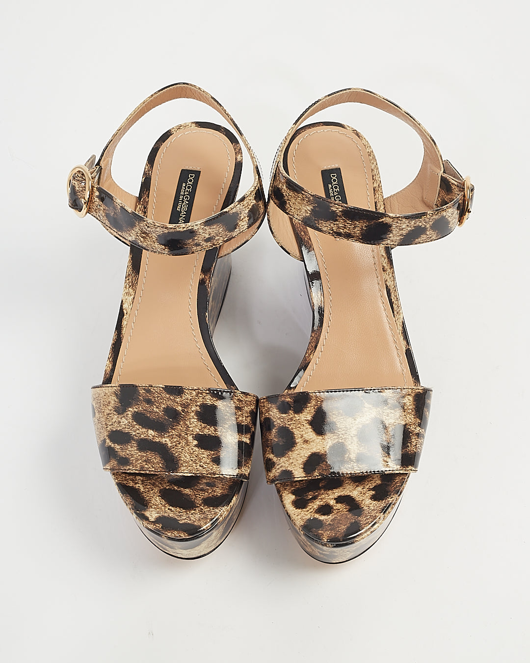 Dolce Gabbana Cheetah Print Patent Leather Strap Wedge Heels - 39