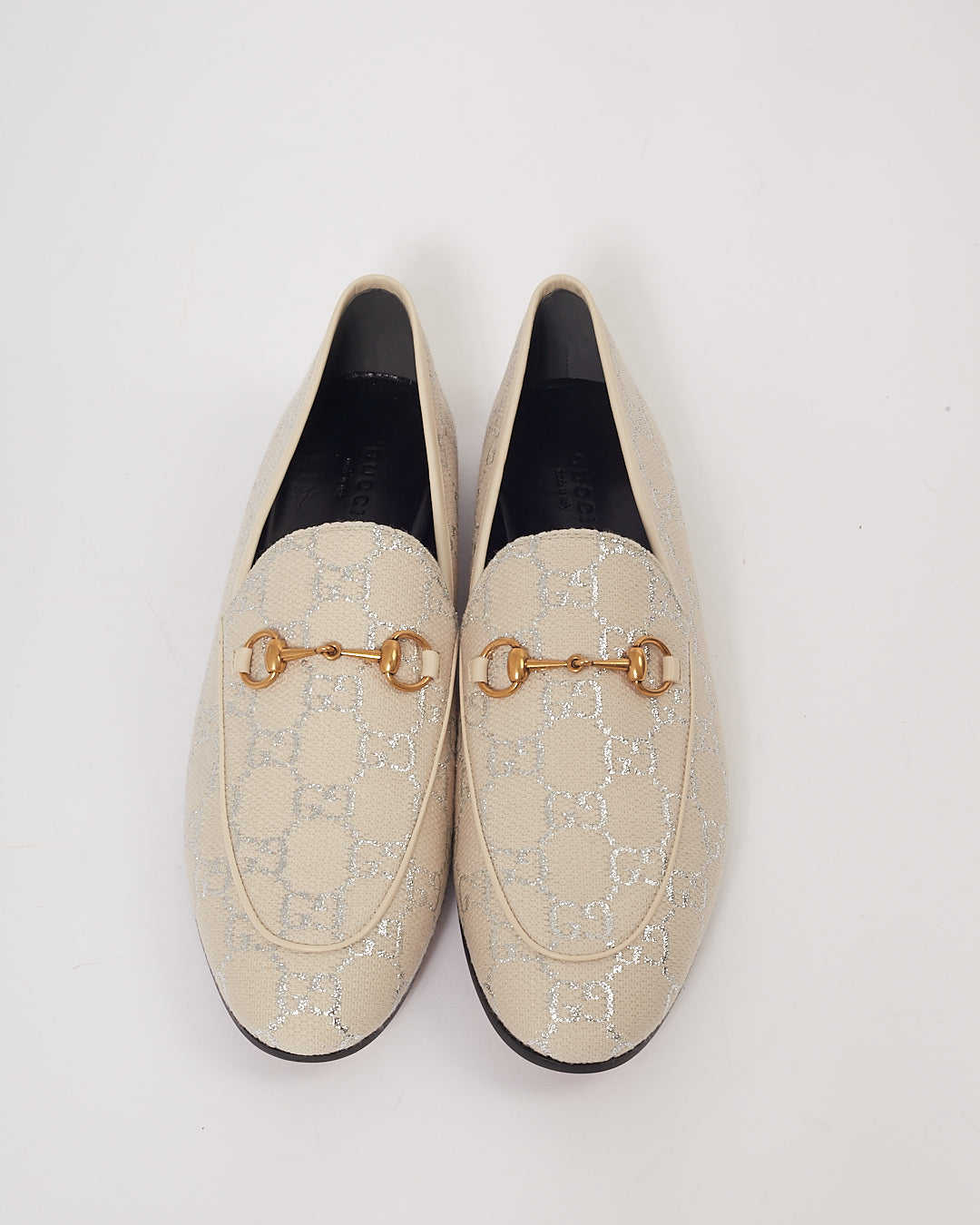 Gucci Beige/Silver GG Canvas Logo Jordaan Loafers - 40.5