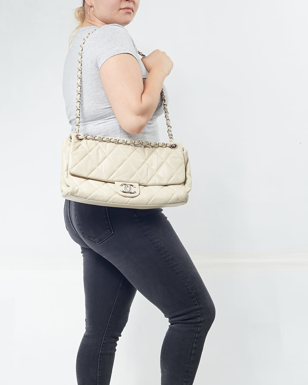 Chanel Light Taupe Puffer Leather Quilted XL Single Flap Bag