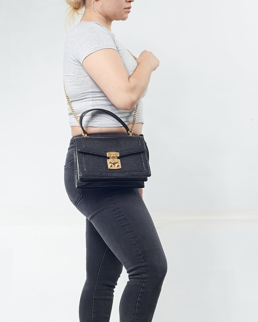 Miu Miu Black Embossed Lizard Leather Top Handle Padlock Bag