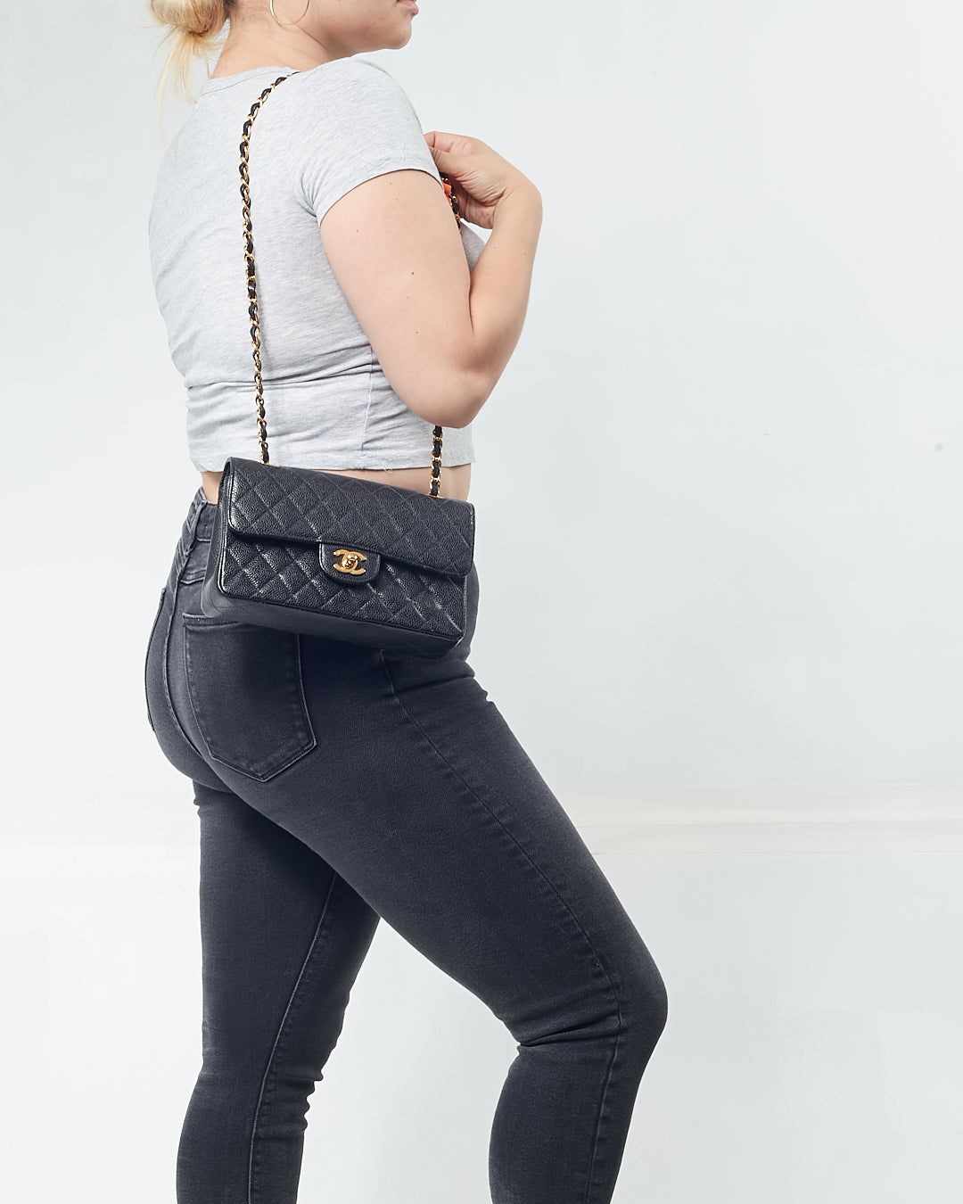 Chanel Black Caviar Quilted 24K Gold Plated Small Classic Double Flap Bag