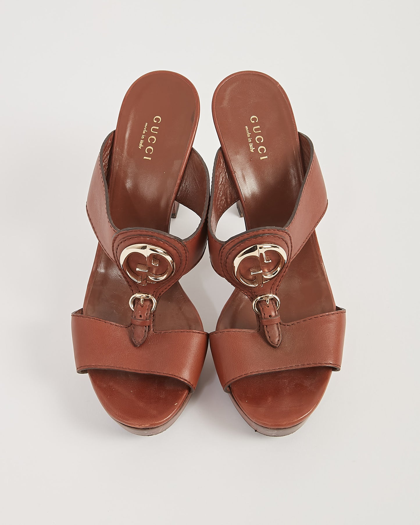 Gucci Brown Leather & Wood Platform Heels - 38