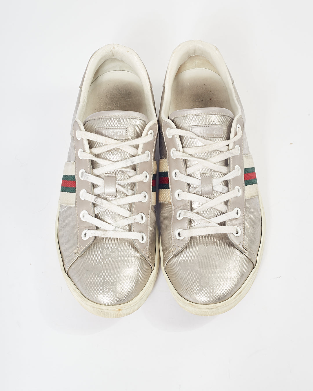 Gucci Silver Metallic Web Detail Sneakers - 8.5